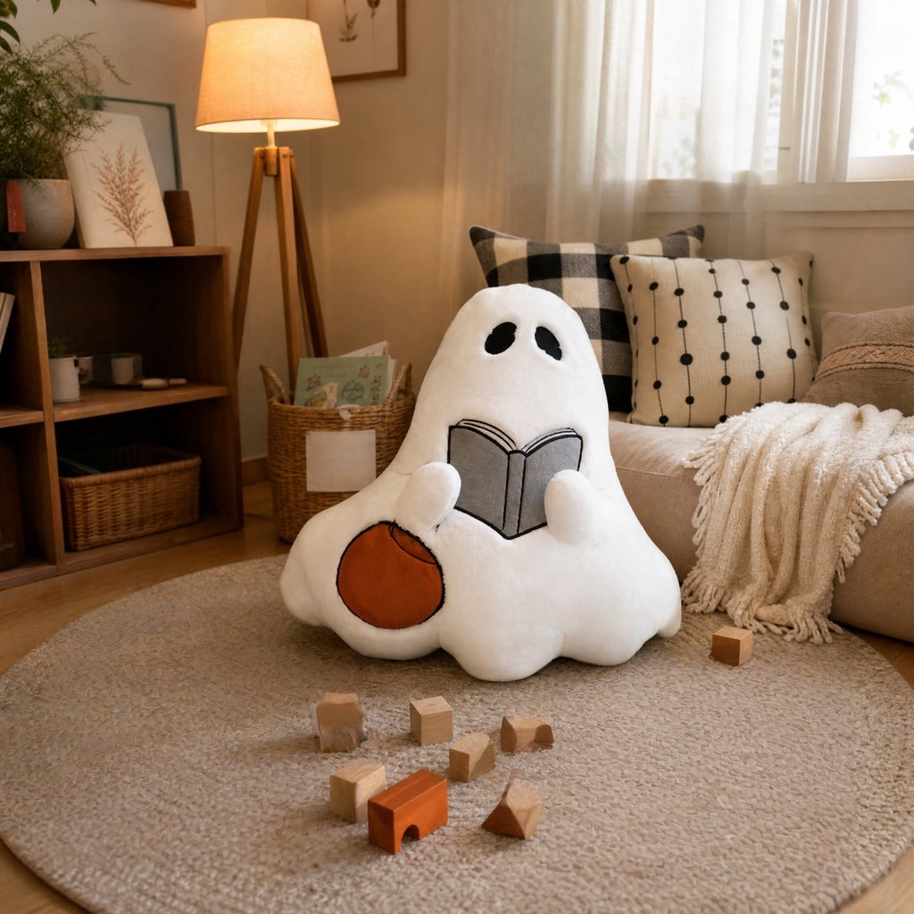 Cute Reading Ghost Plush Throw Pillow, Halloween Book & Pumpkin Bucket Ghost Stuffed Cushion, Spooky Season Decorative Pillow, for Sofa, Bedroom, Party Decor