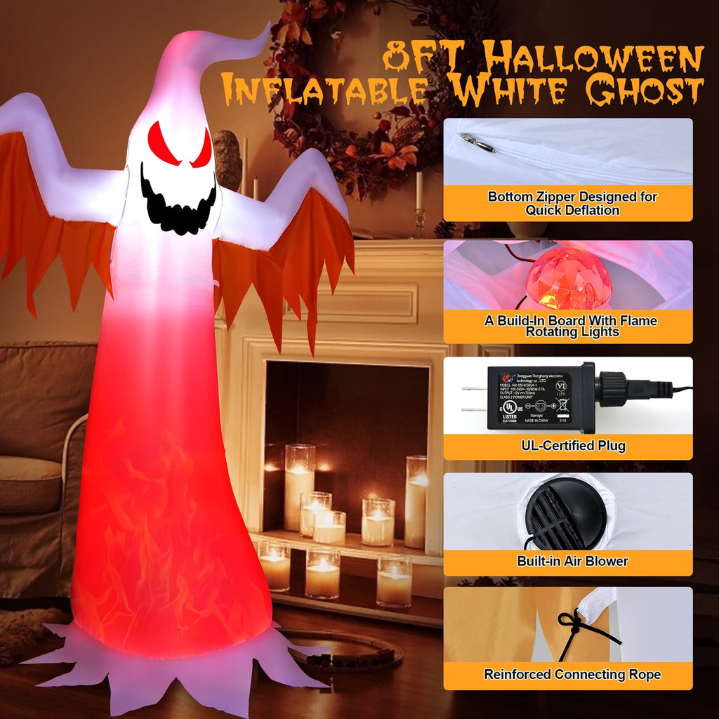 Costway 8 FT Halloween Inflatable White Ghost with Rotatable Flame LED Lights