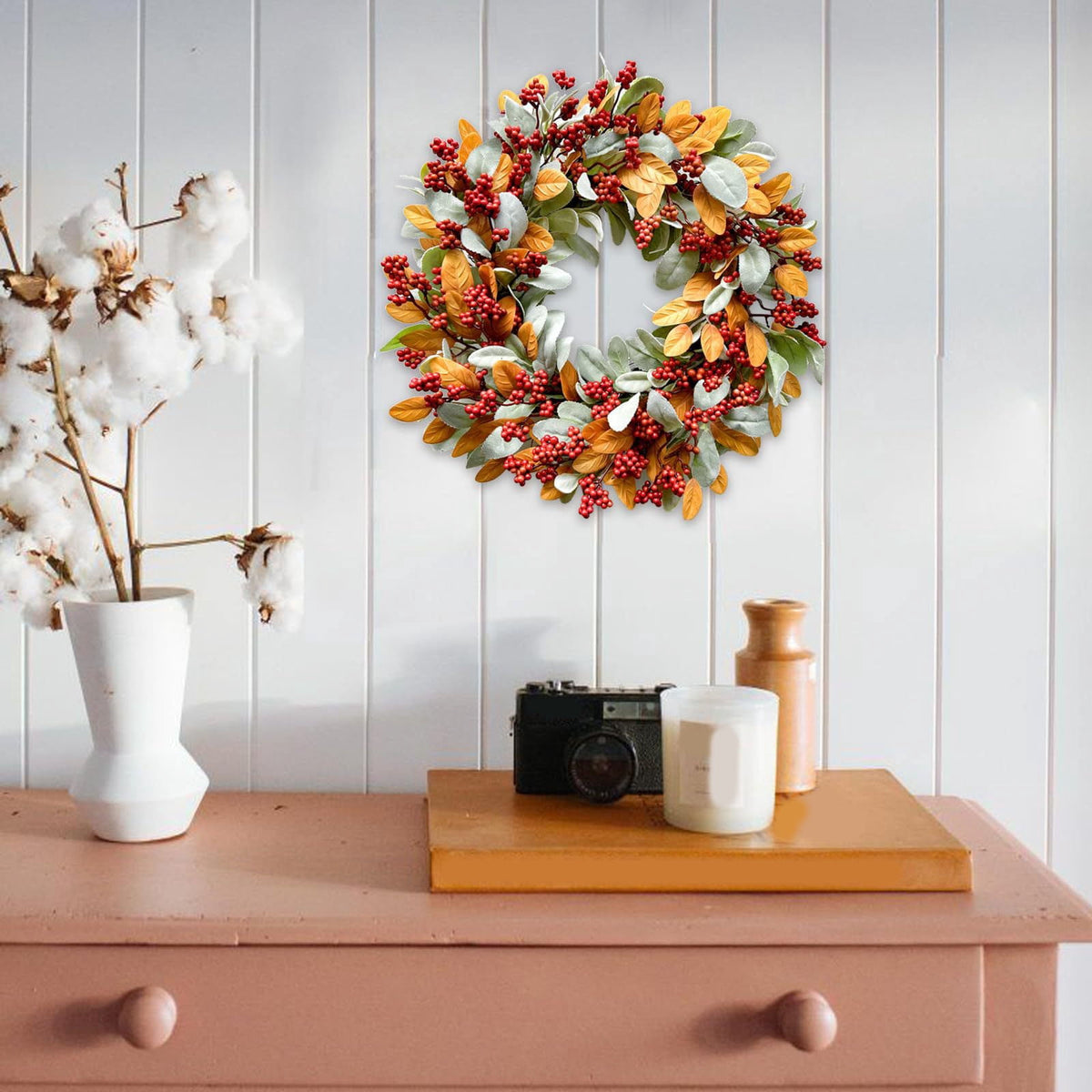 18 Inch Autumn Wreath for Front Door with Lamb Ear Leaves and Red Berries Artificial Fall Decor for Thanksgiving Halloween Harvest Festival Farmhouse Home Outdoor Indoor Window Wall Decorations