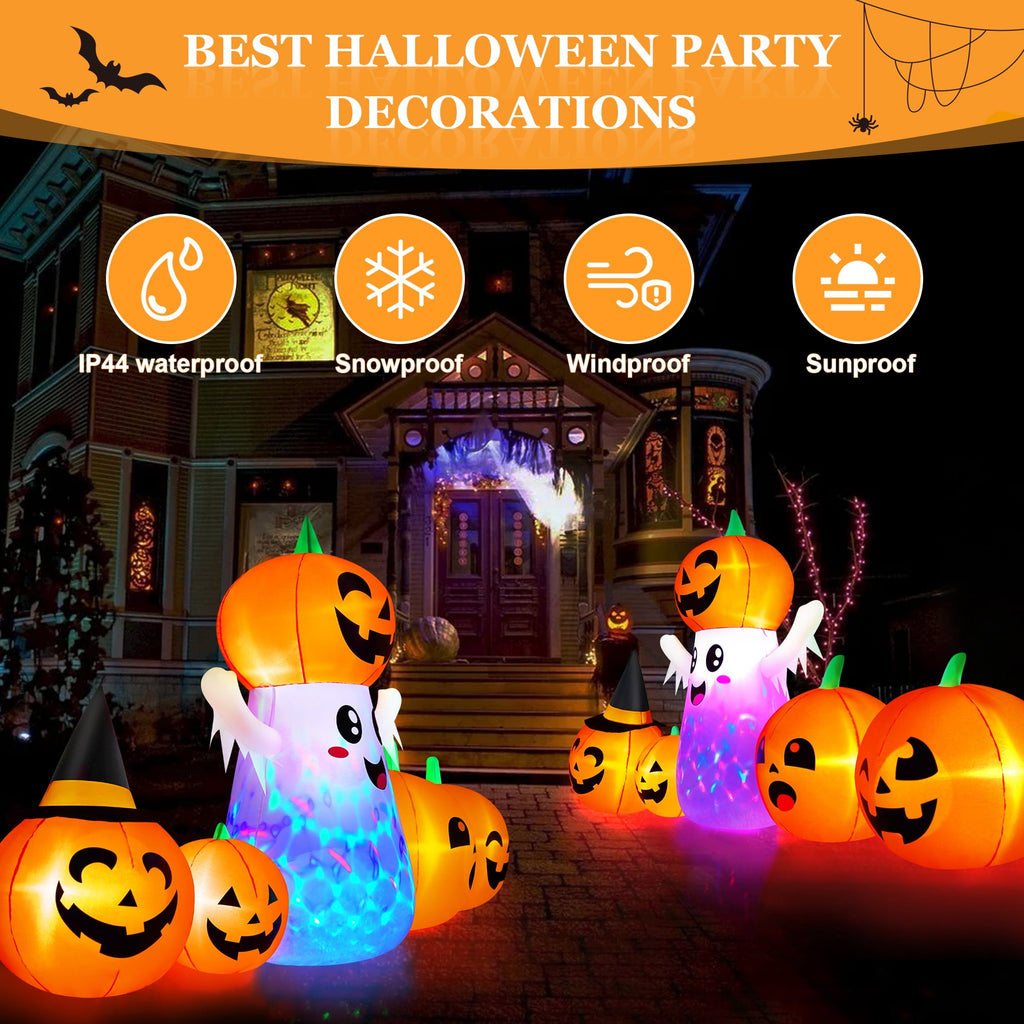 Yexmas 9.4ft Halloween Inflatable Pumpkins Outdoor Decor with Black Cat Tombstone and Spectre,360° Rotating Colorful LED Lights,for Halloween Party,Yard,Garden,Lawn