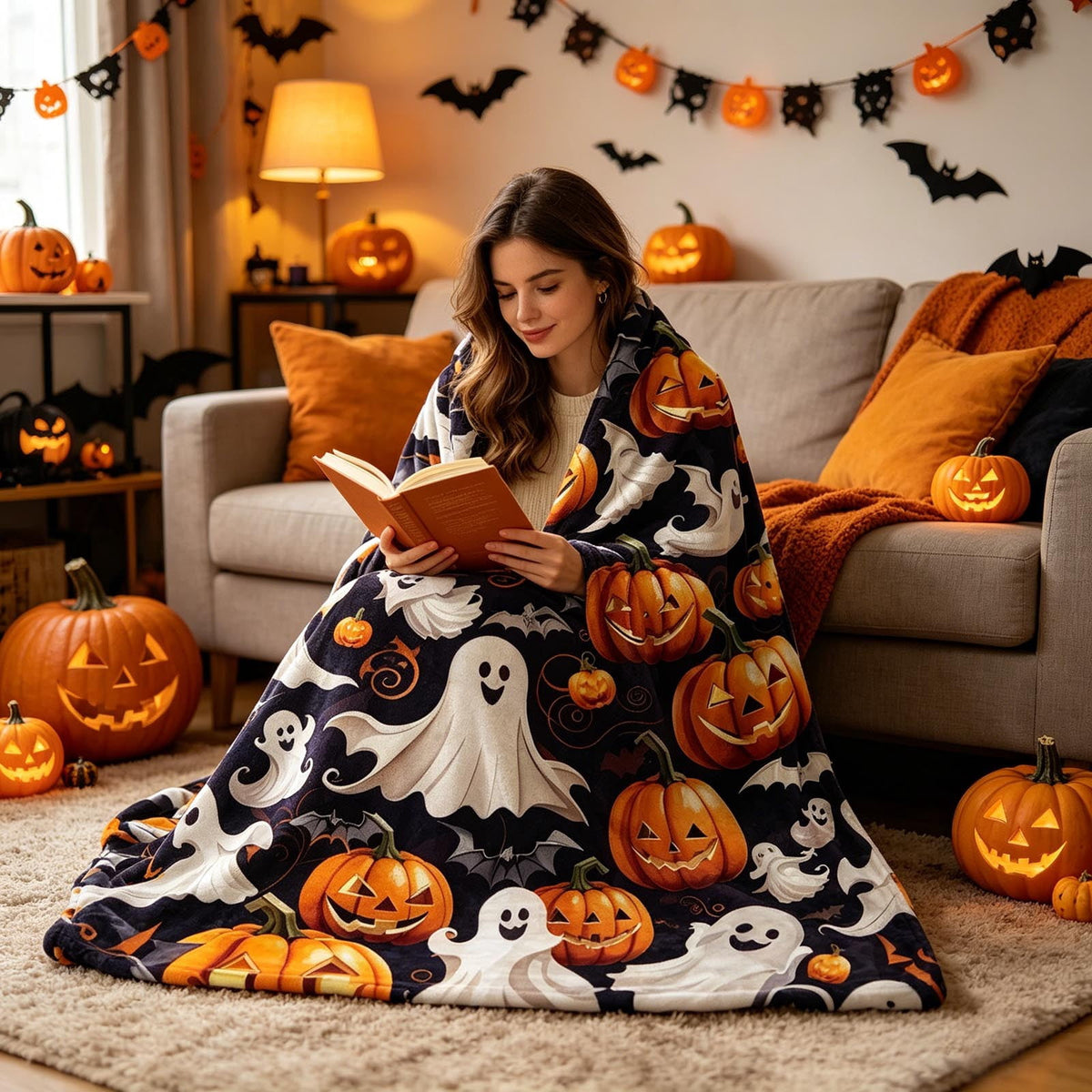 Halloween blanket,Halloween Print Throw Blanket Flannel Soft Cozy Decorative Nap Blanket with Ghost Pumpkin Skull for Office Bedroom Sofa Camping Travel(100x150cm/39x59 Inch),Black