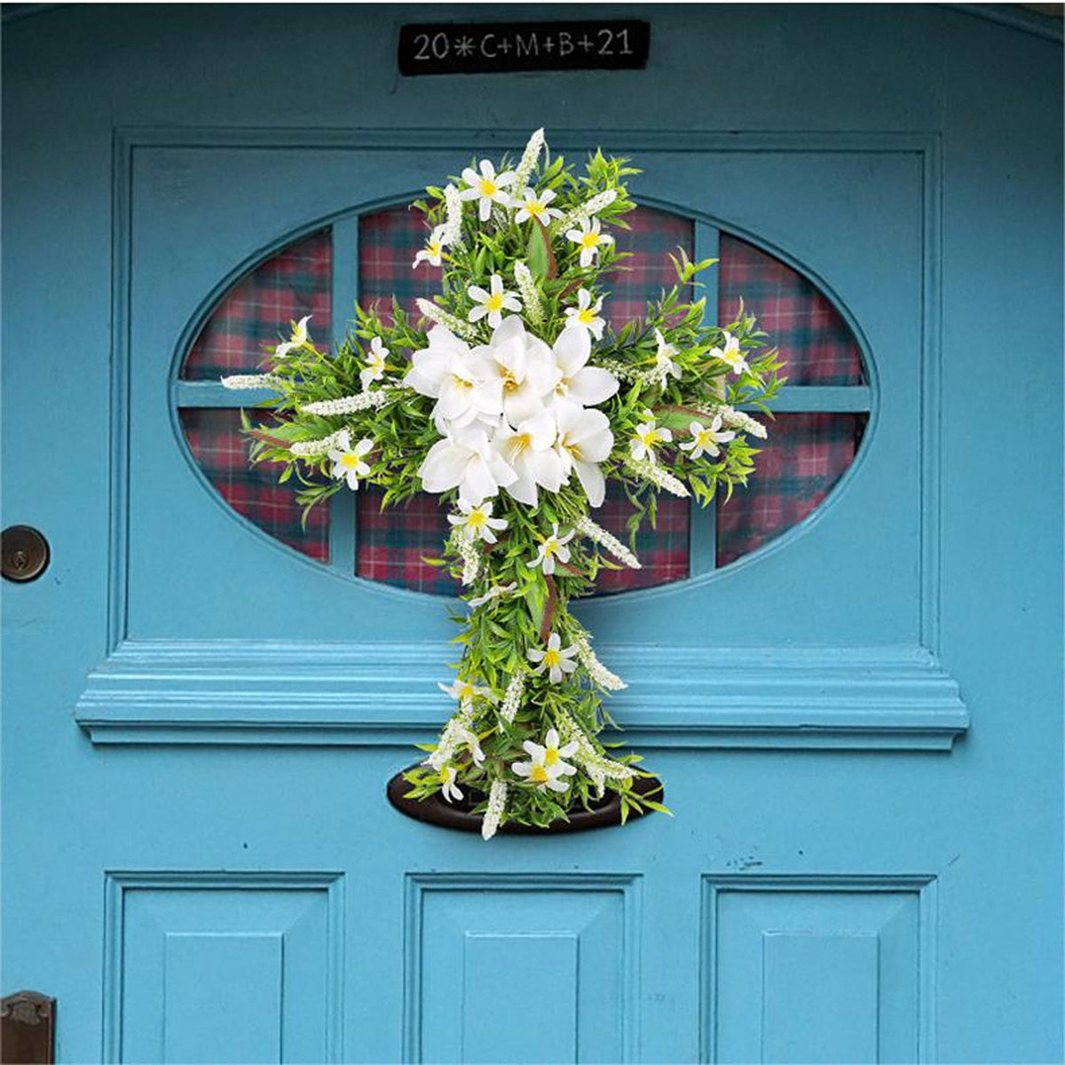 XEOVHV Easter Front Door Wreath Cross, 19.7 inch Easter Cross Wreath, Rustic Farmhouse Easter Decorations Sign Hanging Cross Wedding Floral Pastel Patio Summer Outside Decor