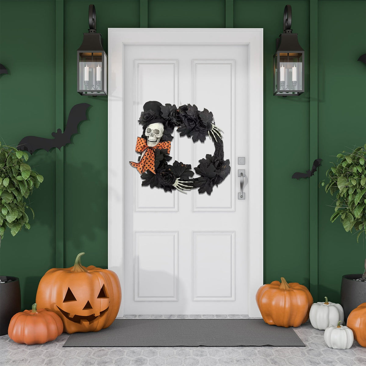 Halloween Wreath with Lights for Front Door, Collapsible Pre-Lit Wreath with Pumpkin Halloween Decorations for Home Wall Decor