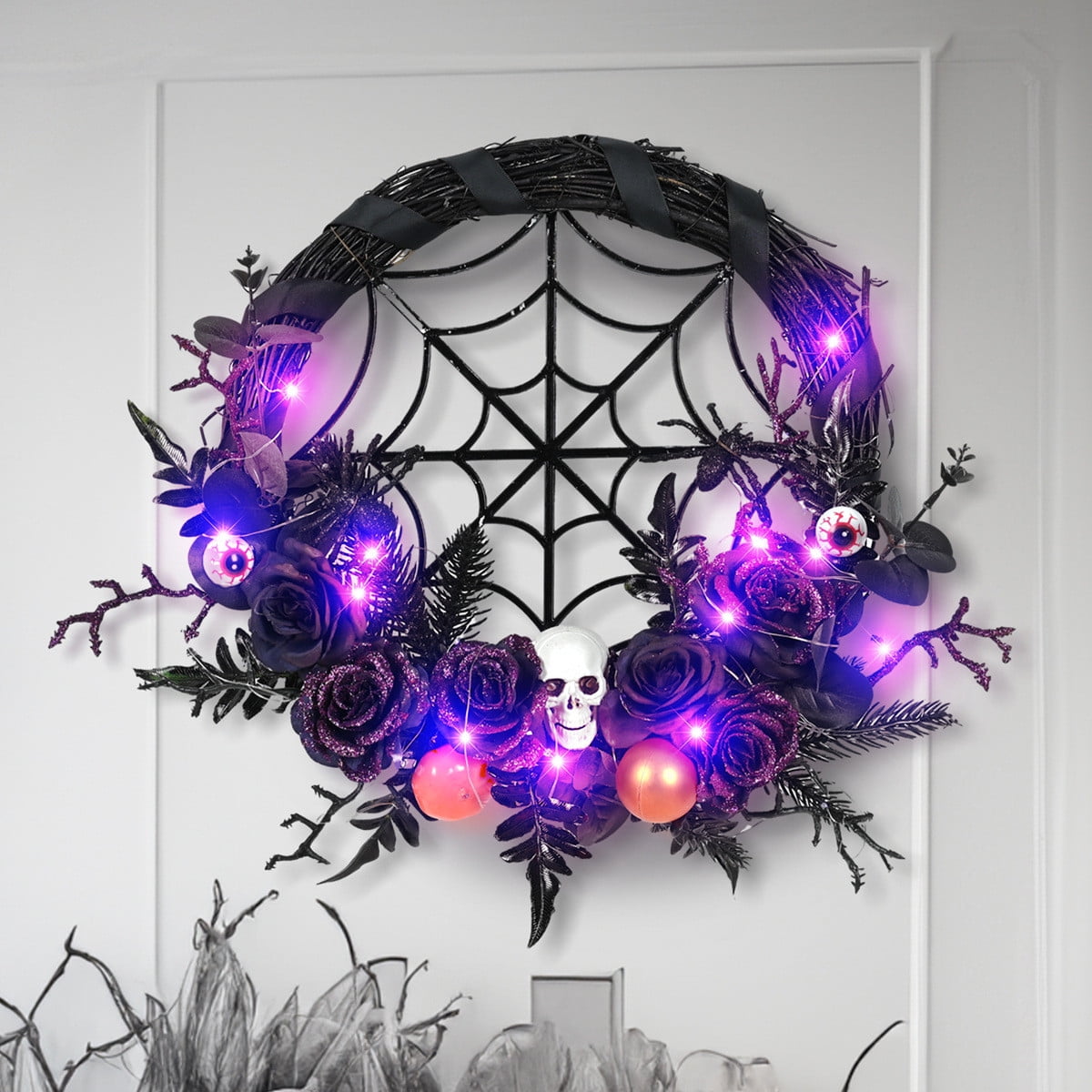 Bobomoti Halloween Wreath with LED Lights, Halloween Wreath with Flowers and Skulls for Front Door, Indoor Outdoor Halloween Home Party Decorations