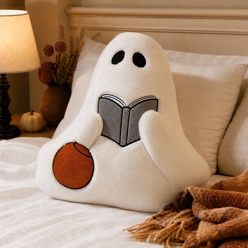 Cute Reading Ghost Plush Throw Pillow, Halloween Book & Pumpkin Bucket Ghost Stuffed Cushion, Spooky Season Decorative Pillow, for Sofa, Bedroom, Party Decor