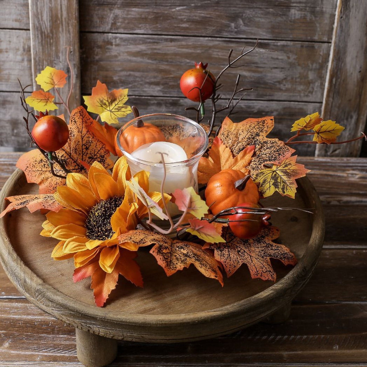 Pumpkins Candle Rings Wreaths Fall Candle Rings Maple Leaves Harvest Day Wreath Ring Holder Sunflower Pumpkin for Autumn Harvest Festival Farmhouse Halloween Table Decor