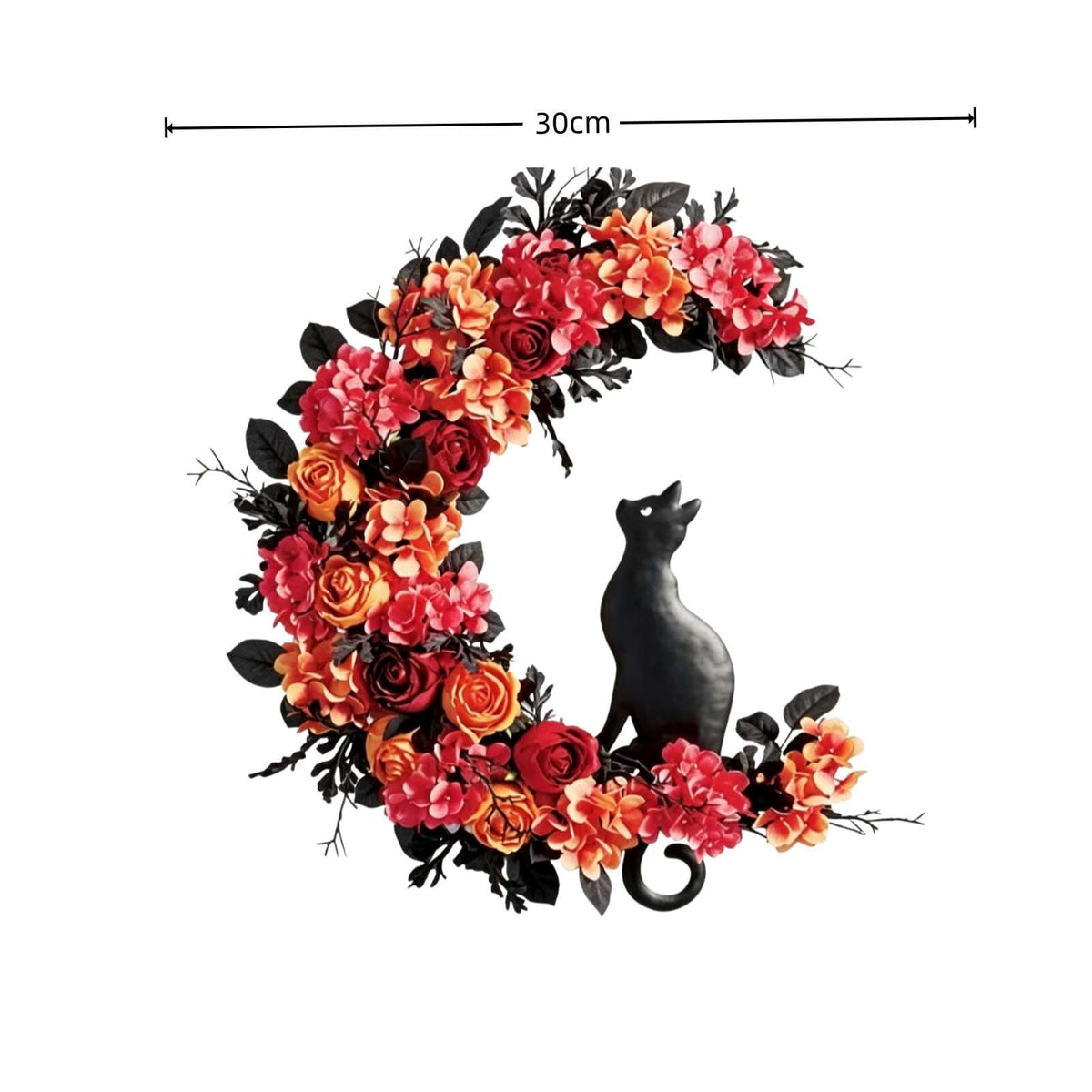 Halloween Crescent Moon Floral Wreath, Orange Red Rose Hydrangea Fall Front Door Decor, Spooky Handmade Wreath for Indoor Outdoor Home Wall Party