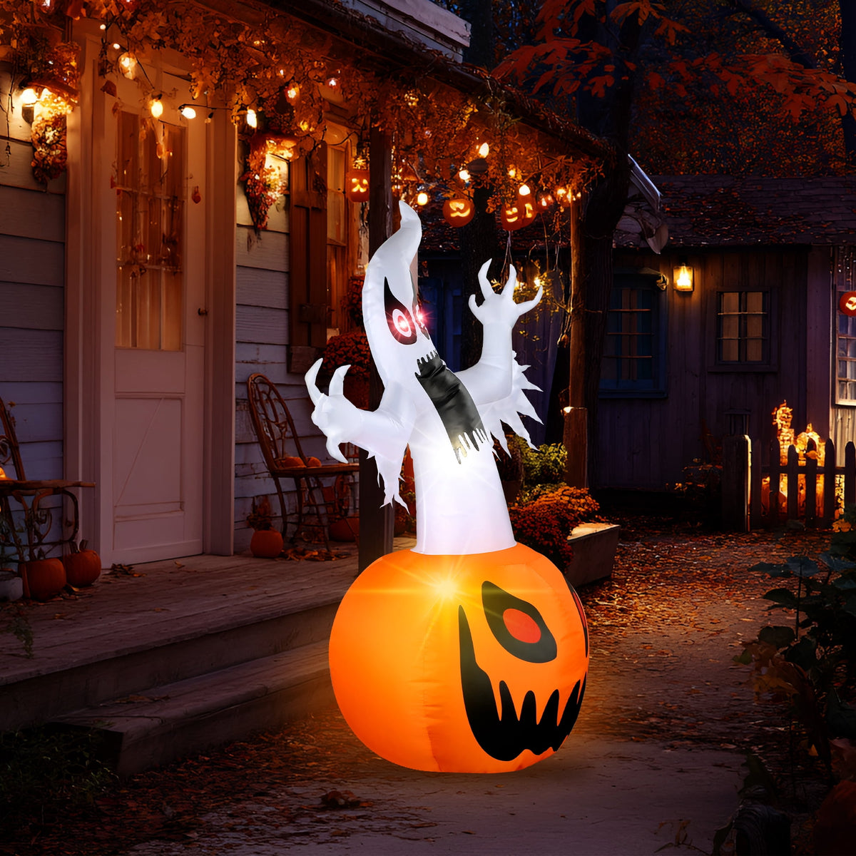 MAGOTAN 8 ft Halloween Inflatable Pumpkin Halloween Inflatable Pumpkins Ghost Tombstone Outdoor Yard Decoration Build-in 7 LED White Lights