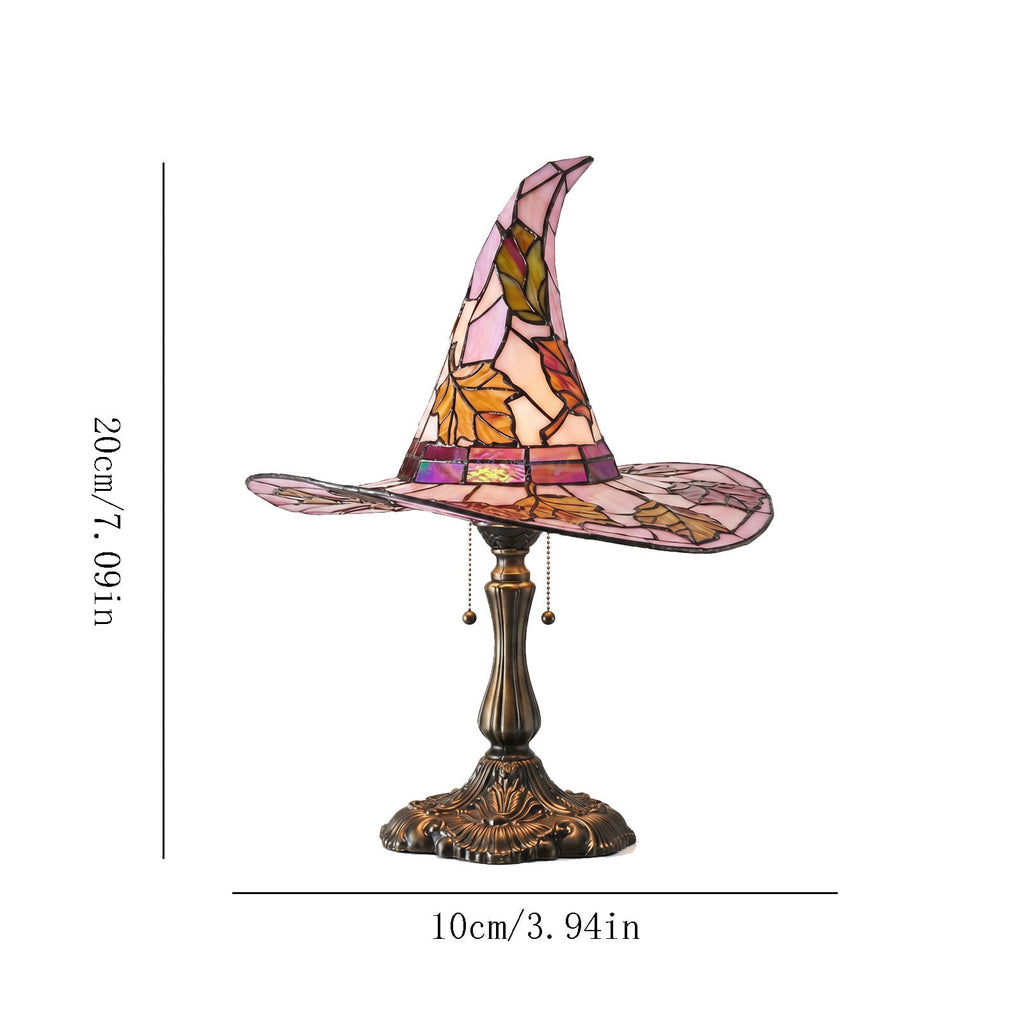 Stained Glass Witch hat lamp, 7" Halloween Gothic Mystic Room Decor Handcrafted Ceramic Phantom Figurine, USB Rechargeable LED Glowing Lantern for Bedroom Living Room Mantel Home Decor