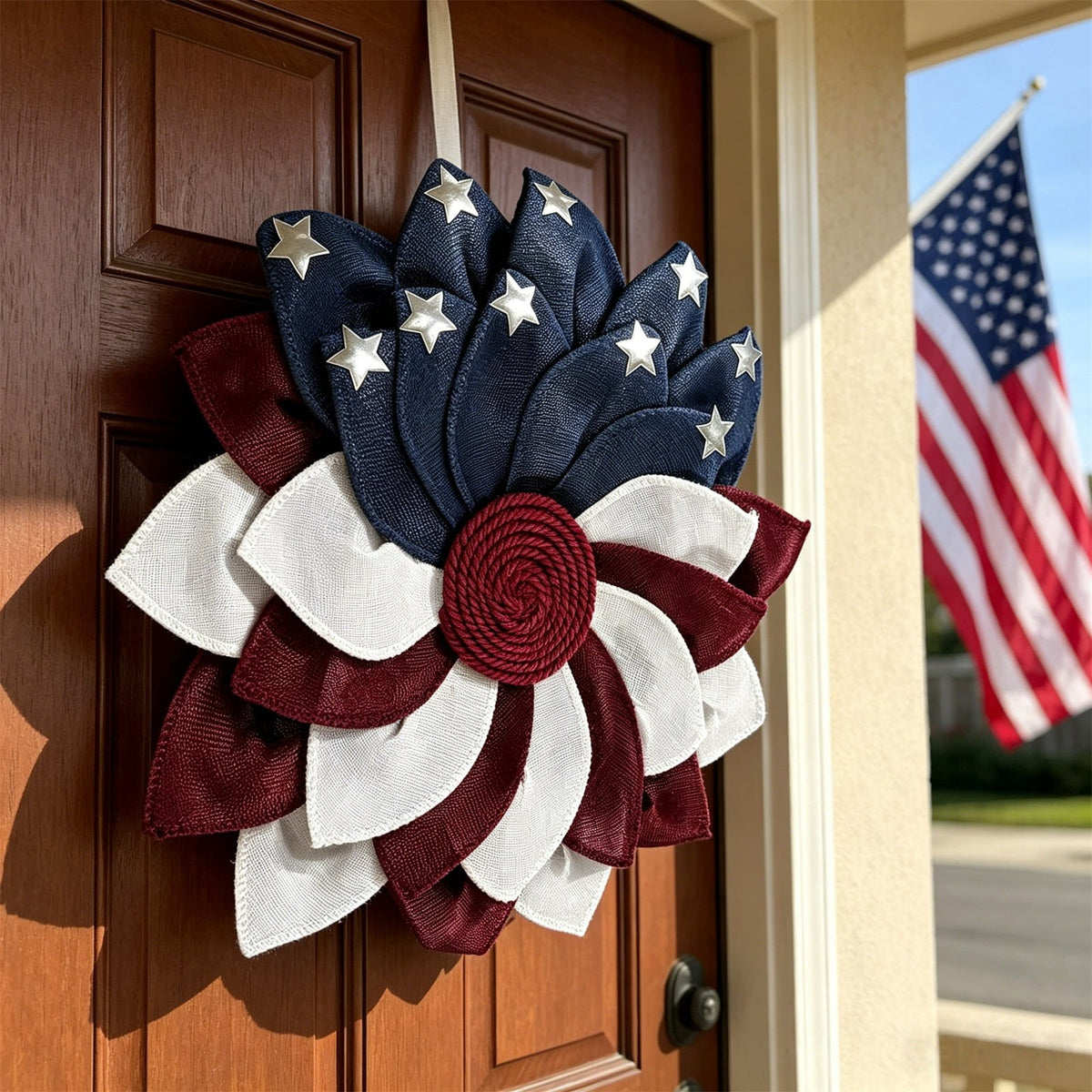 AZXY 20 Inch 4th of July Patriotic Wreath, Red White Blue Mesh Wreath with American Flag Star & Stripe Ribbons, Patriotic Americana Decor for Independence Day Memorial Day Front Door Indoor Outdoor