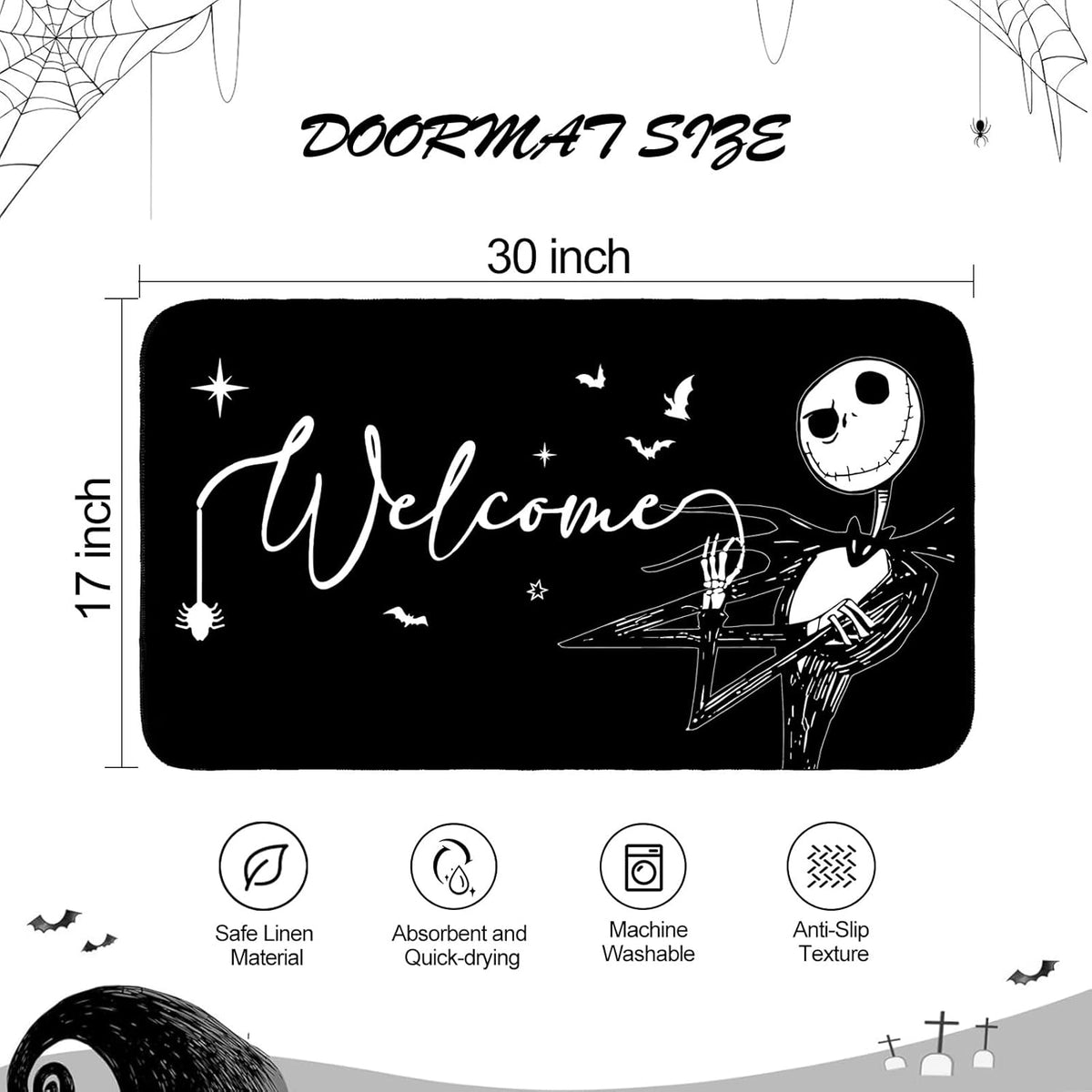 Jack Skeleton Door Mat 30x17 inch, Nightmare Christmas Welcome Doormat, Nightmare Christmas Gfits, Nightmare Christmas Decor