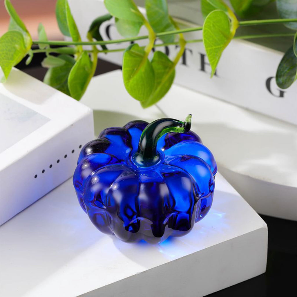 Fall Decor Mini Blue Hand Blown Glass Pumpkin Figurine Transparent Crystal Pumpkin with Green Stem Art Glass Fruit Tabletop Decor for Home Office Shelf Thanksgiving Halloween Gift