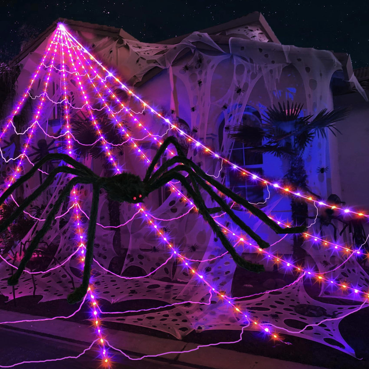 Scidweet Halloween Decorations Outdoor, 350 LED Halloween Spider Web Lights with 79" Large Spider for Garden Yard Home Decor, Multicolor