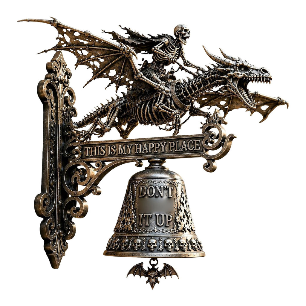 Metal Skeleton Dragon Rider Wall Bell, Gothic Skull Bat Embossed Doorbell Plaque with Quote Sign, Spooky Vintage Wall Hanging Decor for Front Door Halloween Home Ornament 6 Inch