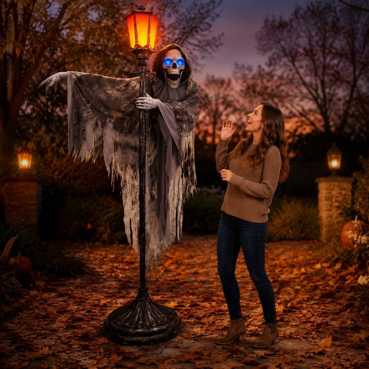 Halloween Decorations, 6Ft Motion Activated Gaslight Ghoul Animatronic, LED Glowing Eyes Skeleton With Spooky Sounds, Outdoor Yard House Party Decoration