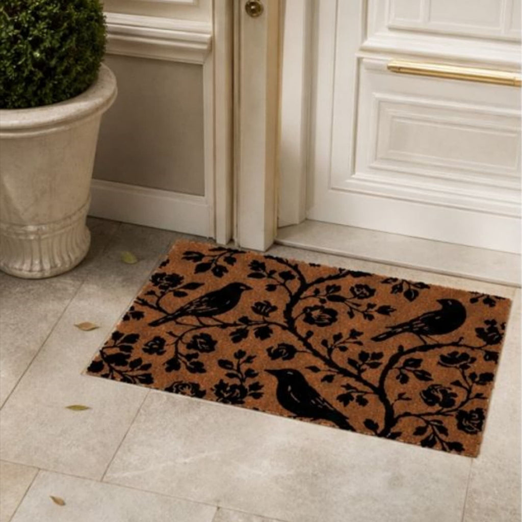 Clearance Natural/Black Floral Bird Outdoor Coir Doormat, 30" x 18"