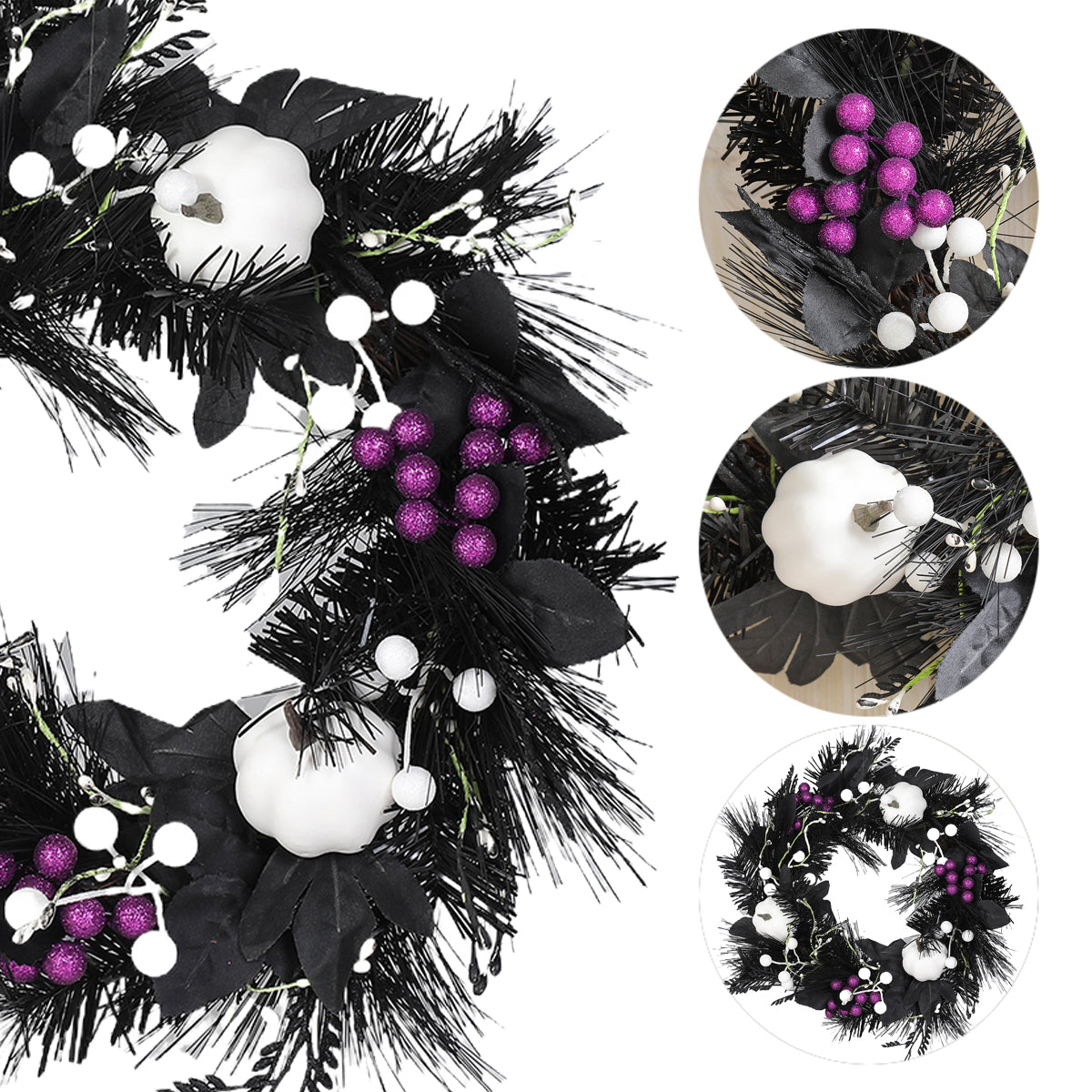 15.7 Inch Halloween Wreaths with White Pumpkin, Black Wreaths for Front Door, Halloween Decoration for Indoor Outdoor Wall Window Porch Patio Garden
