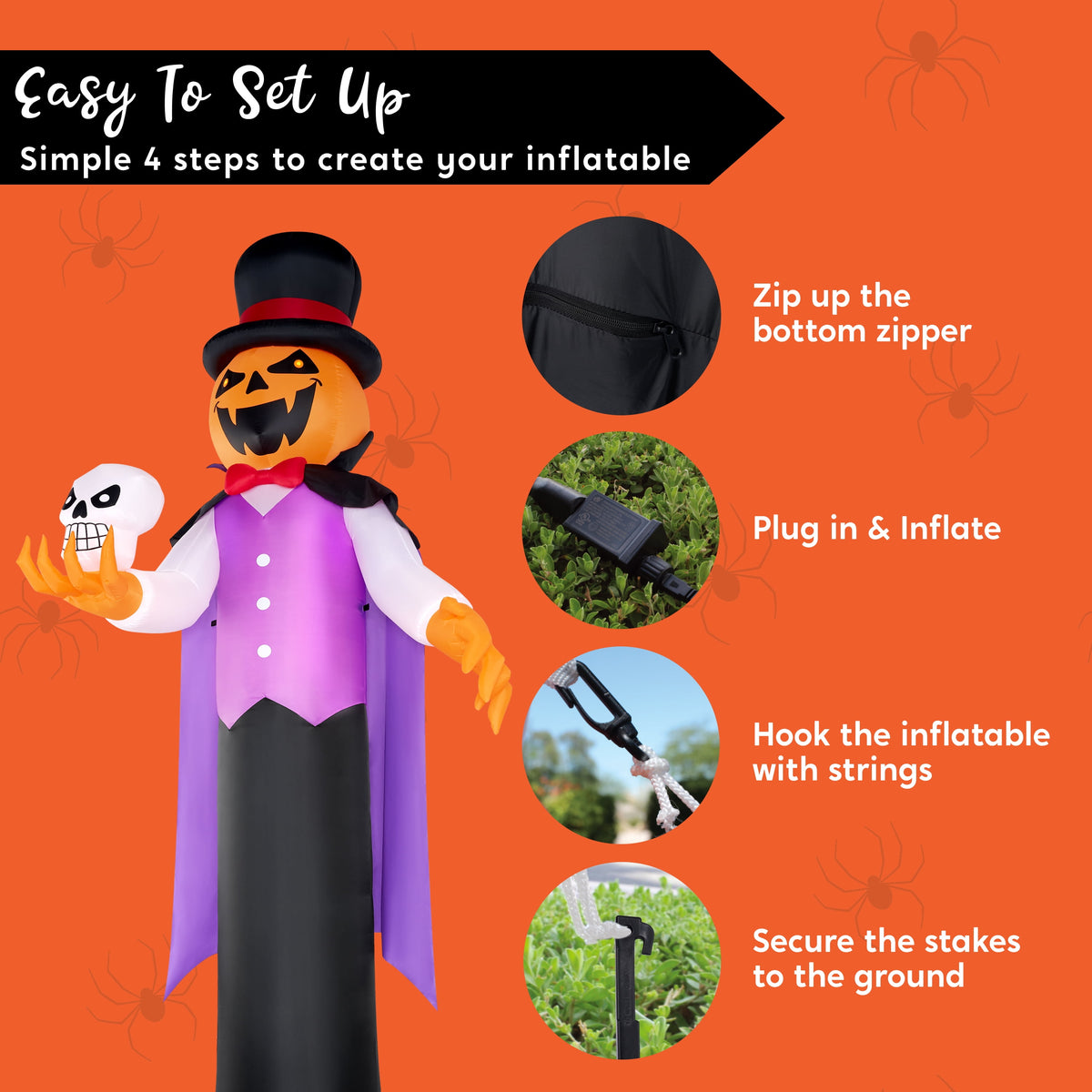 Joyfy 9 ft Halloween Inflatables Pumpkin Skeleton Decorations with Built-in LED Lights,Large Blow Up Decoration for Yard Lawn Garden Indoor Outdoor, Pumpkin Skeleton Inflatable Decoration
