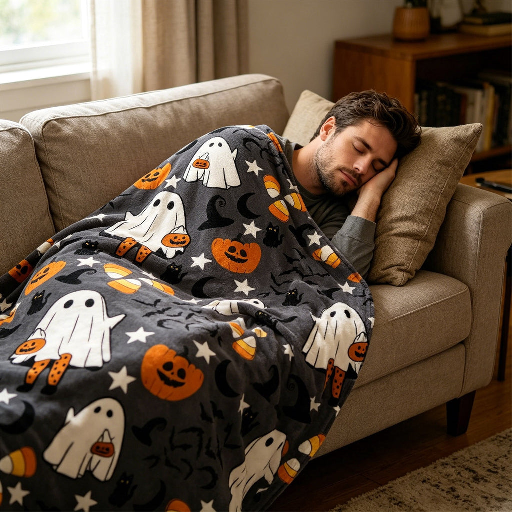 Halloween blanket,Halloween Print Throw Blanket Flannel Soft Cozy Decorative Nap Blanket with Ghost Pumpkin Skull for Office Bedroom Sofa Camping Travel(100x150cm/39x59 Inch),Black