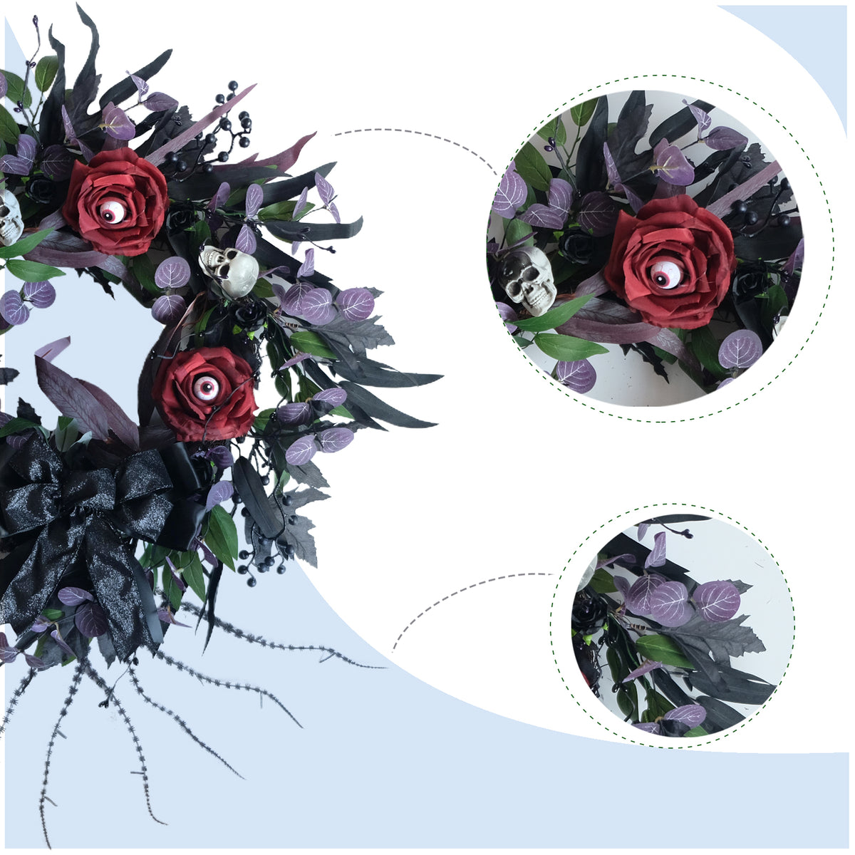 Idyllic 22" Halloween Wreath for Front Door Black Ribbon Rose with Eyes and Skull