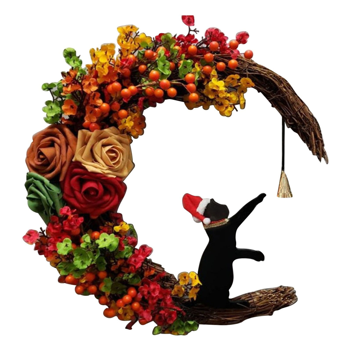 Uanit Creative Moon Cat Garland Farmhouse Wreaths for Front Door Wall Ornament Wreath with Flowers Rose Decorations Indoor Outdoor Window