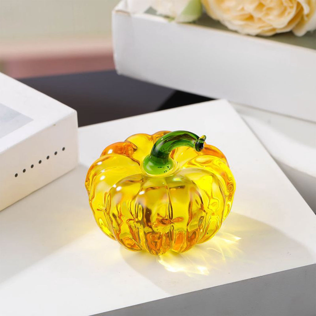 Fall Decor Mini Blue Hand Blown Glass Pumpkin Figurine Transparent Crystal Pumpkin with Green Stem Art Glass Fruit Tabletop Decor for Home Office Shelf Thanksgiving Halloween Gift