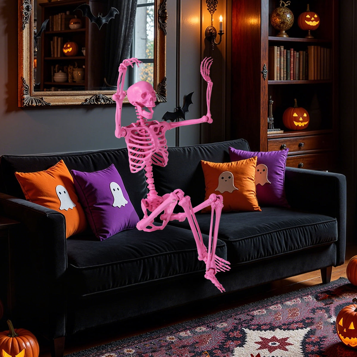 Costway 5.5 FT Poseable Halloween Skeleton Life-Size Decoration with Built-in Lights Green