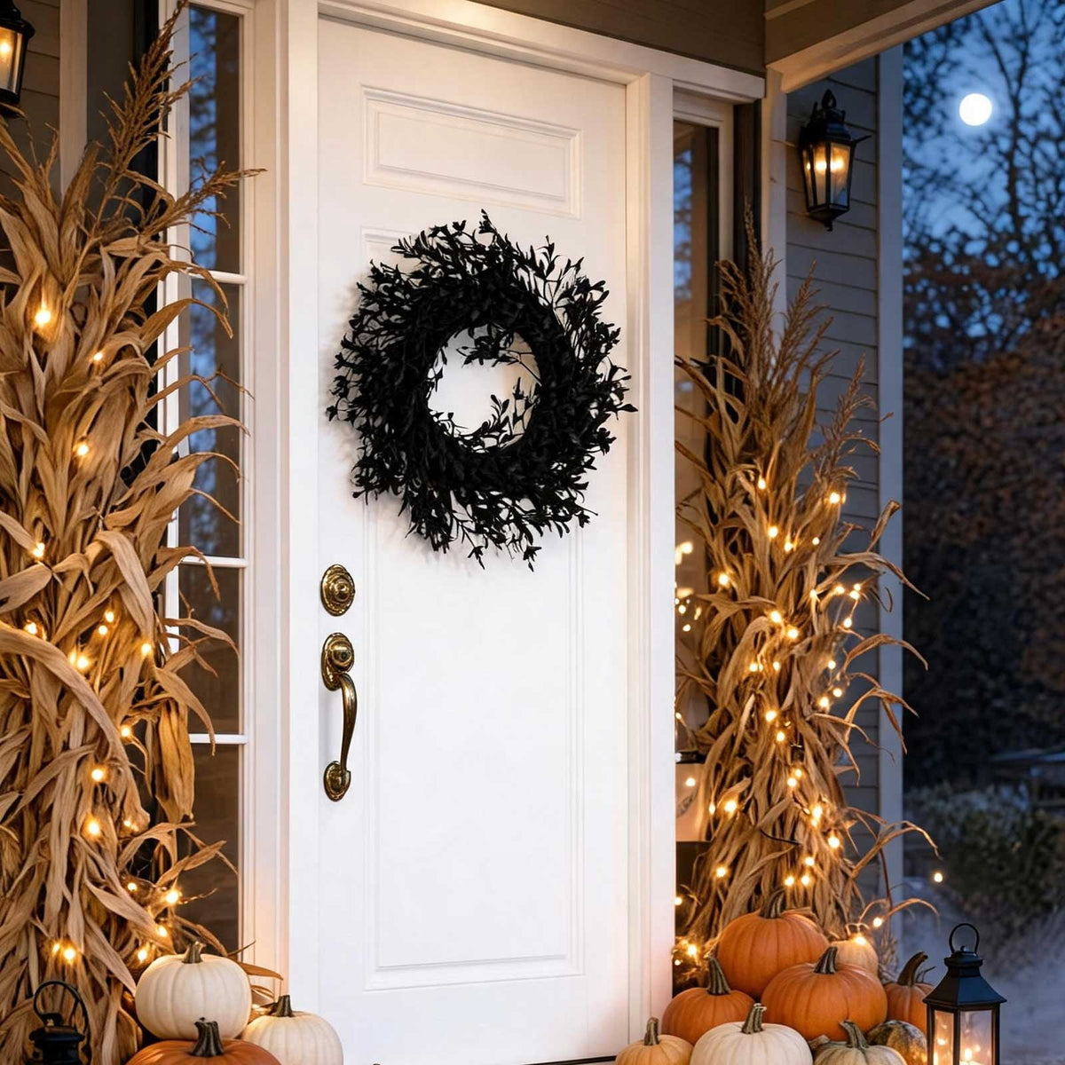 Winter Poetry Upgrade Halloween Thanksgiving Black Wreath, 11.81in Artificial Plant Garland, Waterproof Reusable Door Wall Festival Decor