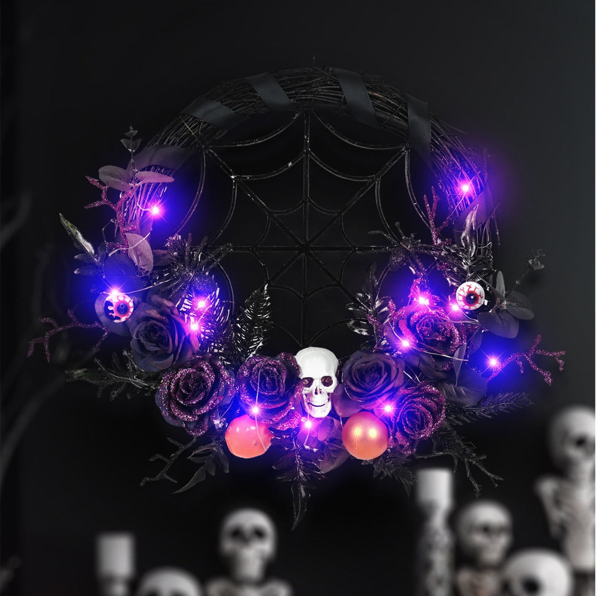 SDJMA Halloween Wreath Front Door Decoration, 18'' Artificial Skull Wreathhandmade Black Grapevine Wreath With Pumpkin Rose Spider, For Indoor Outdoor Home Halloween Party Decoration