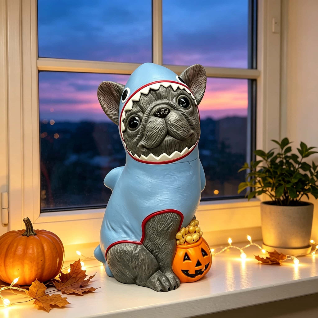 2026 New Halloween Light‑Up French Bulldog Figurine, Shark Outfit Dog Statue with Glowing Pumpkin, Waterproof Resin Table Holiday Decorations, Cute Spooky Halloween Decorations for Porch Yard Home