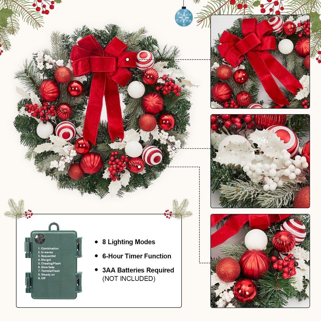 JoanKaren 24 inch Large Christmas Wreath Silver White with 20 LED Lights,Prelit Xmas Wreath w/ Ball Ornaments Pine Cone