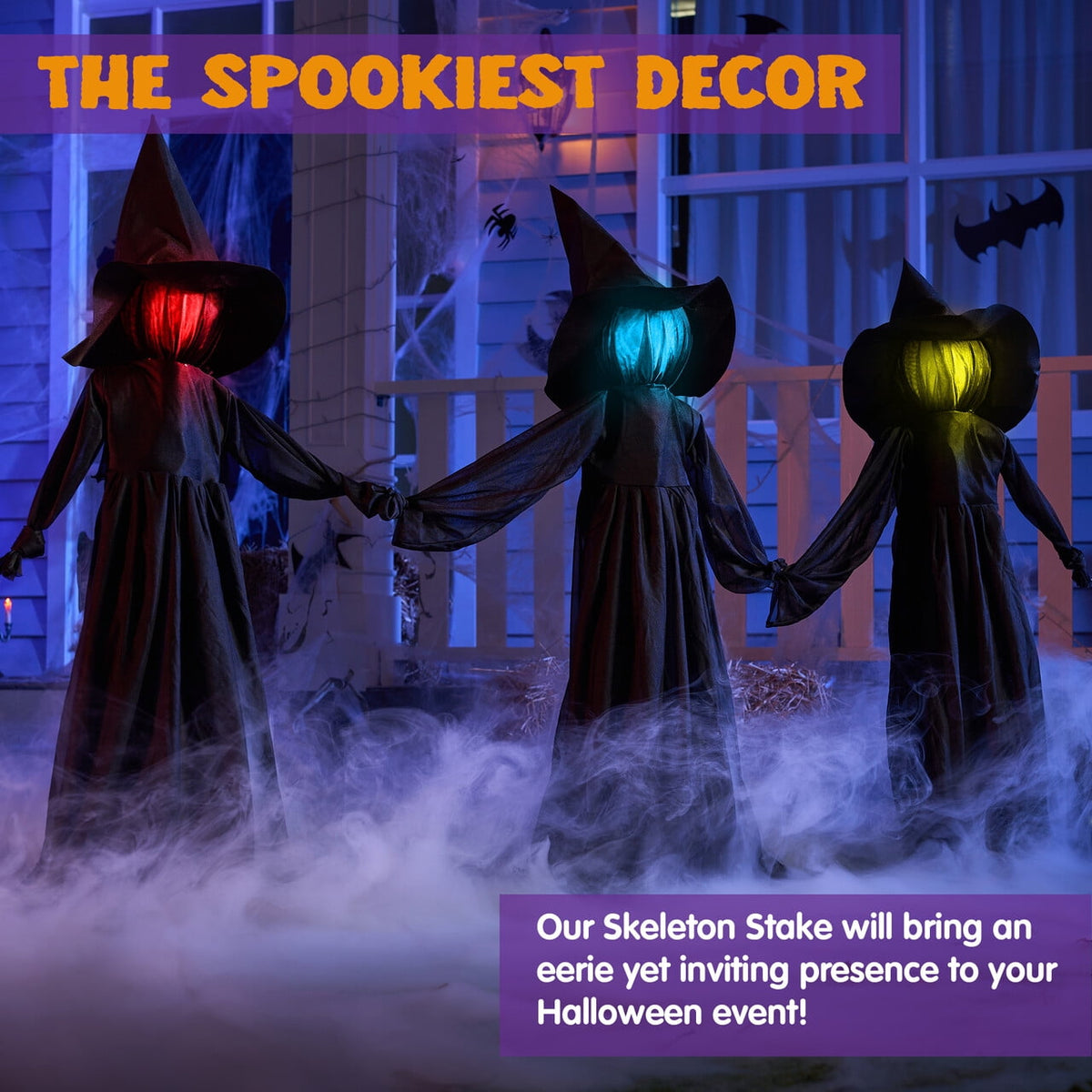 Joyfy 3 Pack Witches Halloween Decorations Outdoor, 51" Sound Activated Light Up Flying Witch Stakes with Color Changing Face & Creepy Sound, Life Size Halloween Props for Lawn Grave Party