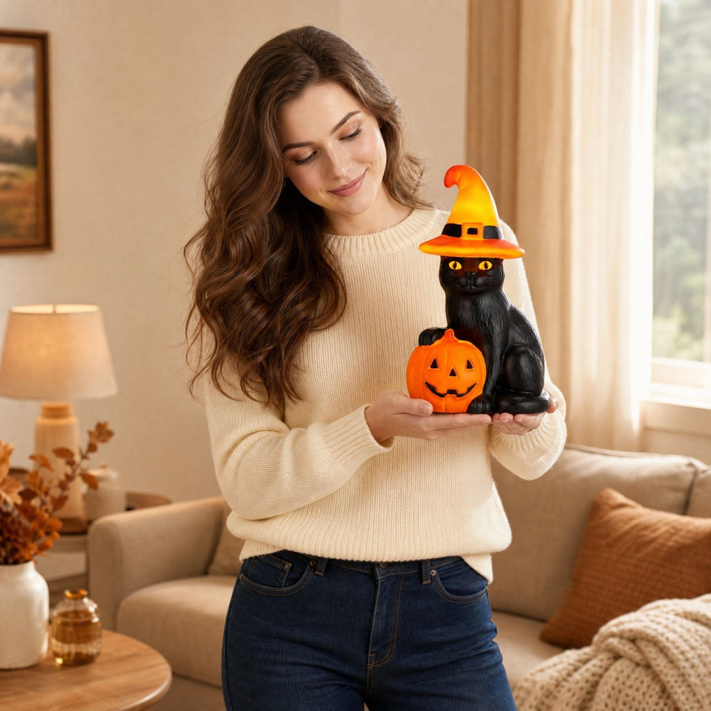 Light-Up Pumpkin Cat Blow Mold Outdoor Decoration, LED Glowing Witch Cat Jack-o-Lantern, Halloween Indoor Outdoor Spooky Decor