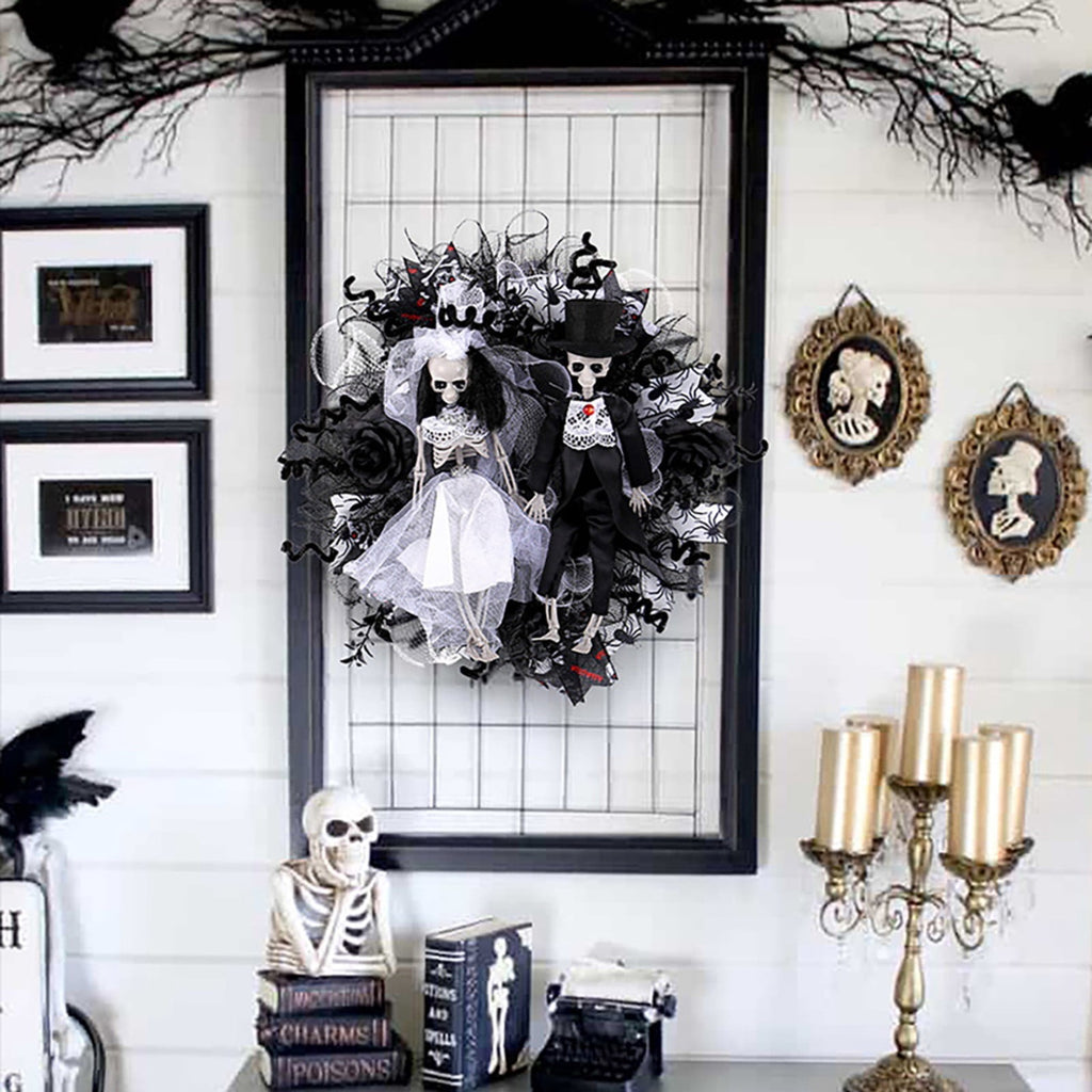 SWSUSN Halloween Creepy Wreath For Front Door 16 Inch Artificial Plastic Skeleton Bride And Groom Wreath Halloween Gothic Wreath Hanging Decoration For Home Party Halloween Front Porch Wreath