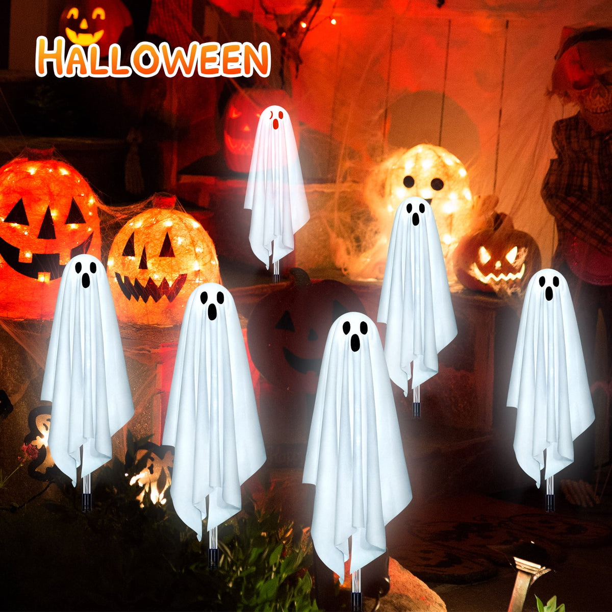 Fohil Halloween Solar Ghost Lights Outdoor Decor Waterproof 8 Modes 6 Pack