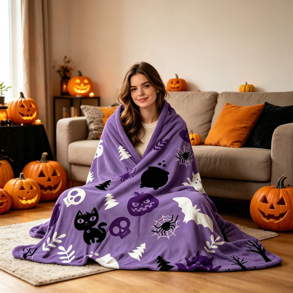 Halloween blanket,Halloween Print Throw Blanket Flannel Soft Cozy Decorative Nap Blanket with Ghost Pumpkin Skull for Office Bedroom Sofa Camping Travel(100x150cm/39x59 Inch),Black