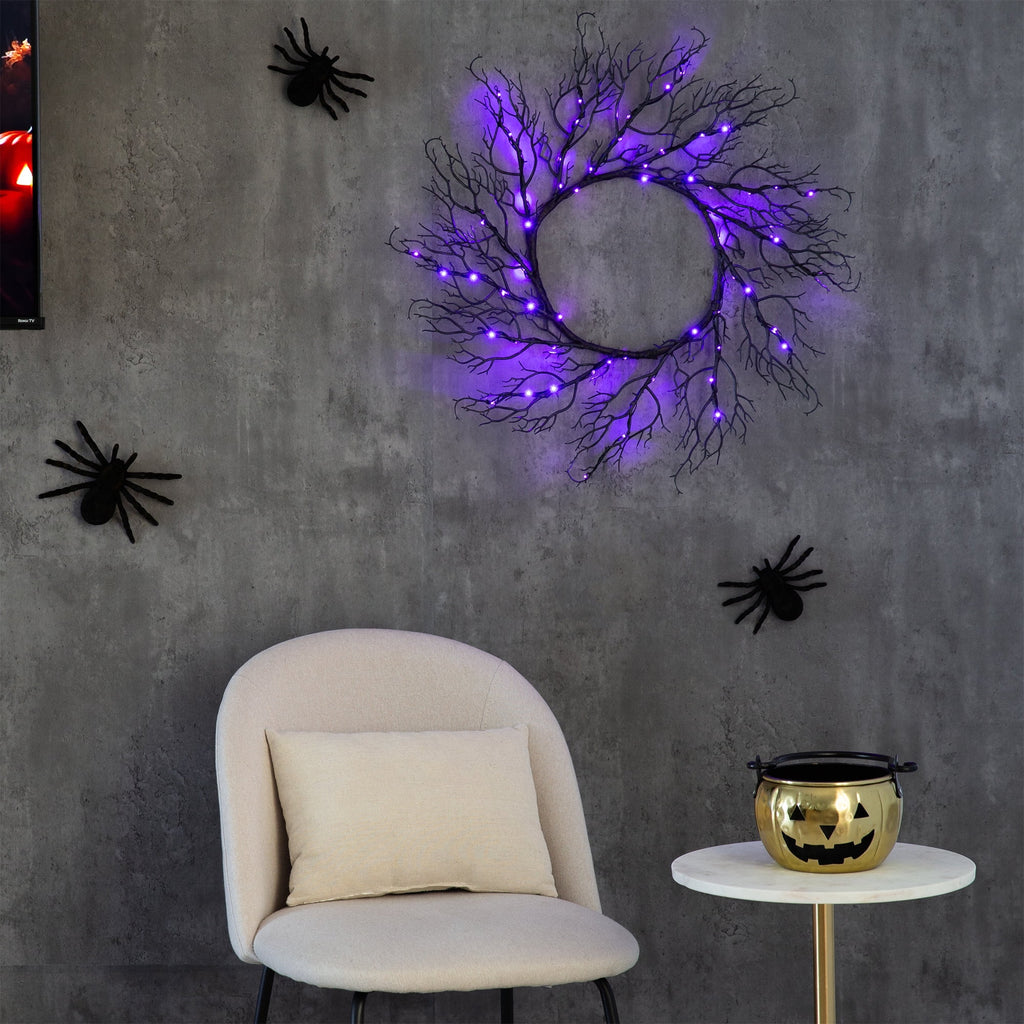 Nearly Natural 23in. Pre-Lit Halloween Black Fall Wreath with 60 Orange and Purple LED Lights