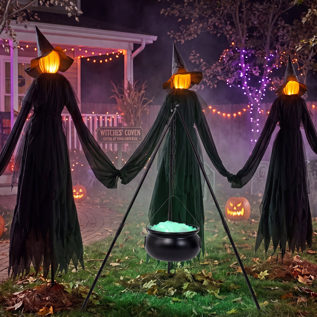 Joyfy 3 Pack Witches Halloween Decorations Outdoor, 51" Sound Activated Light Up Flying Witch Stakes with Color Changing Face & Creepy Sound, Life Size Halloween Props for Lawn Grave Party