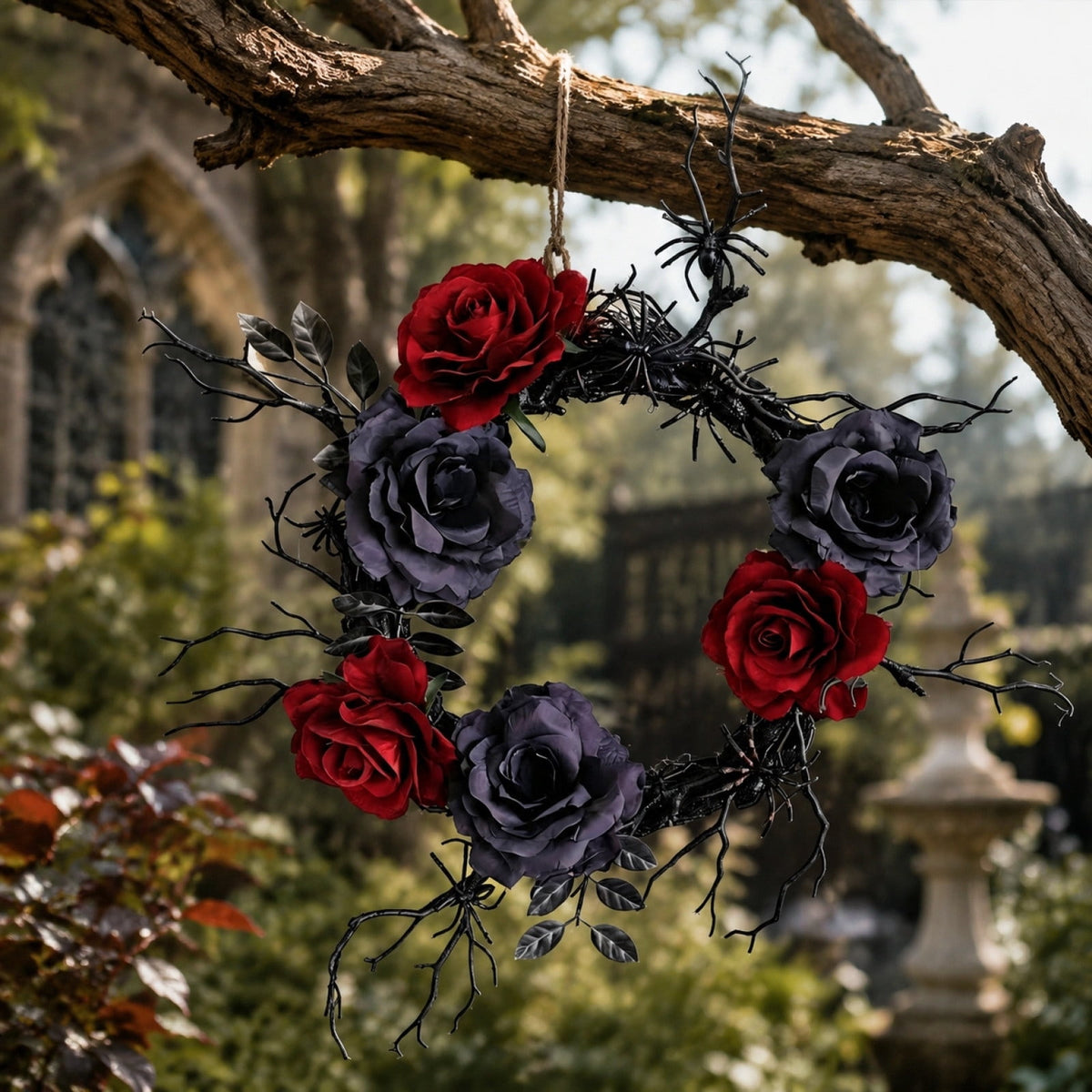 WWC Halloween Wreath, Artificial Silk Bats And Skulls Wreath, Gothic Halloween Decor for Fall Party Front Door Porch Mantel