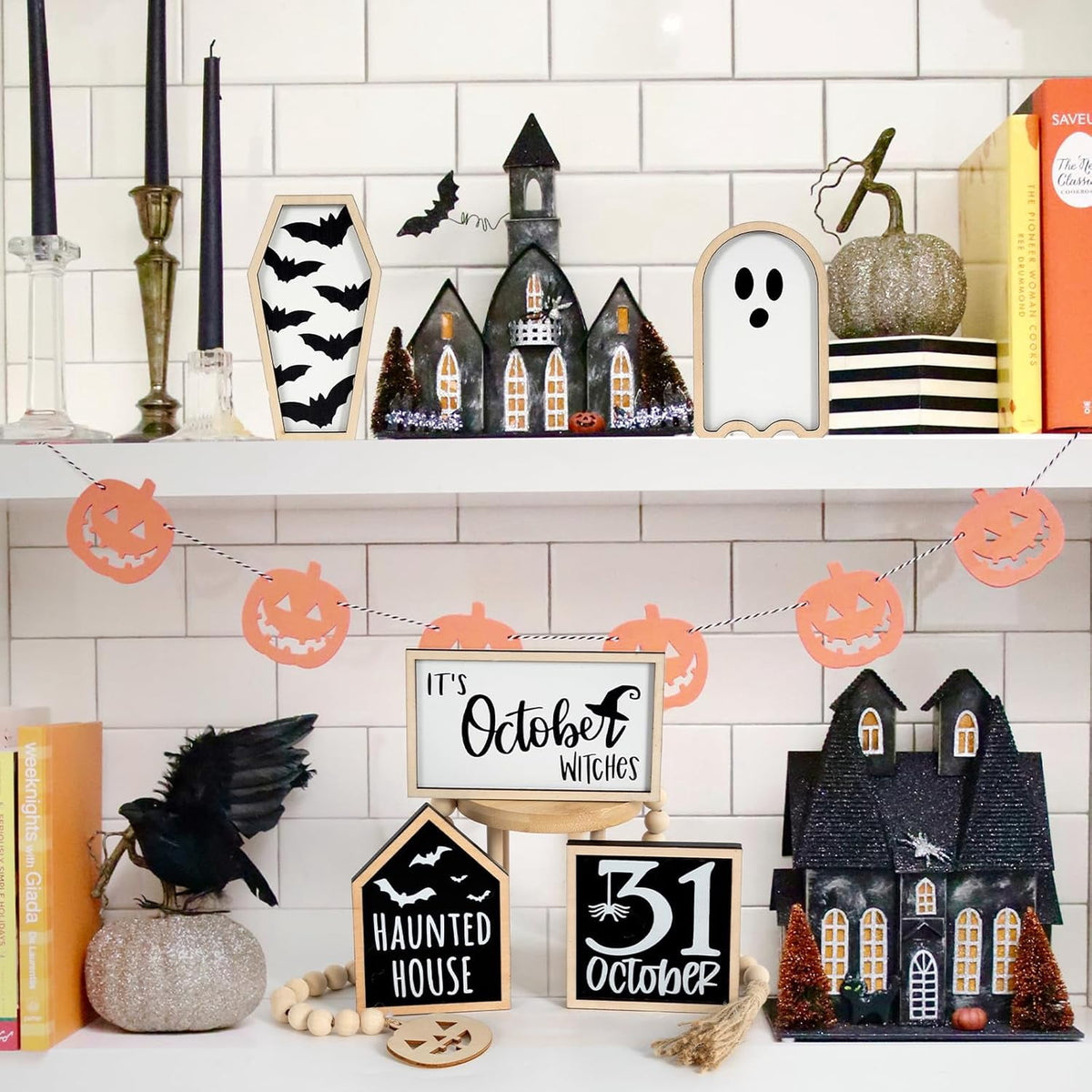 6-Piece Halloween Decor, Cute Wooden Halloween Decoration Indoor Tabletop Signs Farmhouse Rustic Tiered Tray Decor Halloween Party Decorations