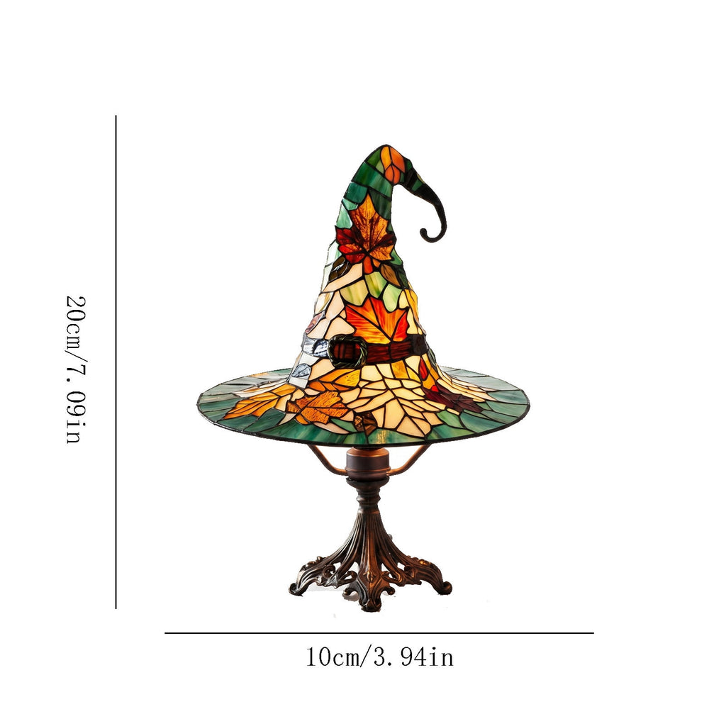 Stained Glass Witch hat lamp, 7" Halloween Gothic Mystic Room Decor Handcrafted Ceramic Phantom Figurine, USB Rechargeable LED Glowing Lantern for Bedroom Living Room Mantel Home Decor