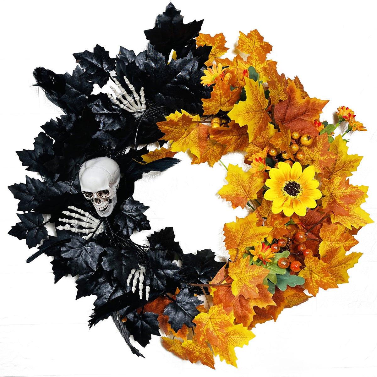 sruoe Halloween Decorations, Indoor Outdoor Halloween Decor, Artificial Wreaths, Halloween Decorations for Outside, Halloween Wreaths for Front Door, Halloween Horror Skeleton Maple Leaf Wreath