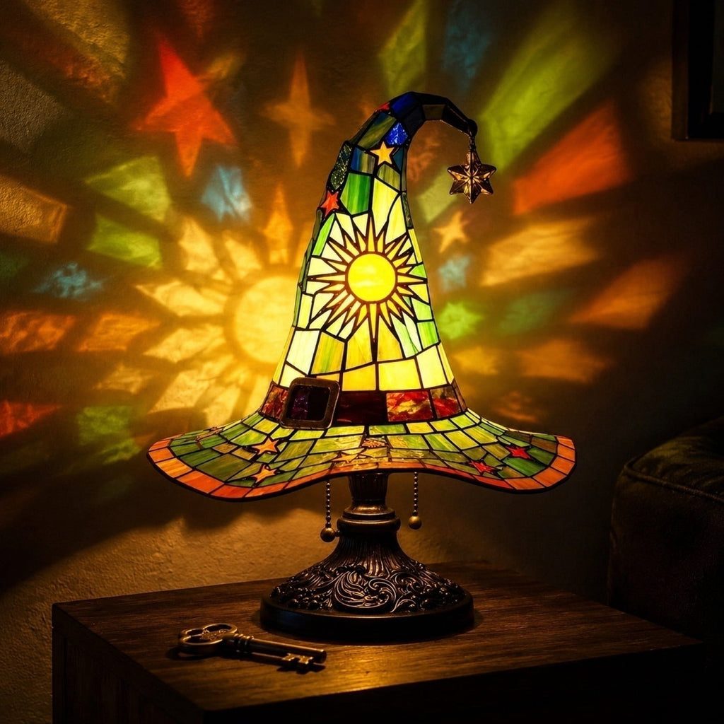 Stained Glass Witch hat lamp, 7" Halloween Gothic Mystic Room Decor Handcrafted Ceramic Phantom Figurine, USB Rechargeable LED Glowing Lantern for Bedroom Living Room Mantel Home Decor