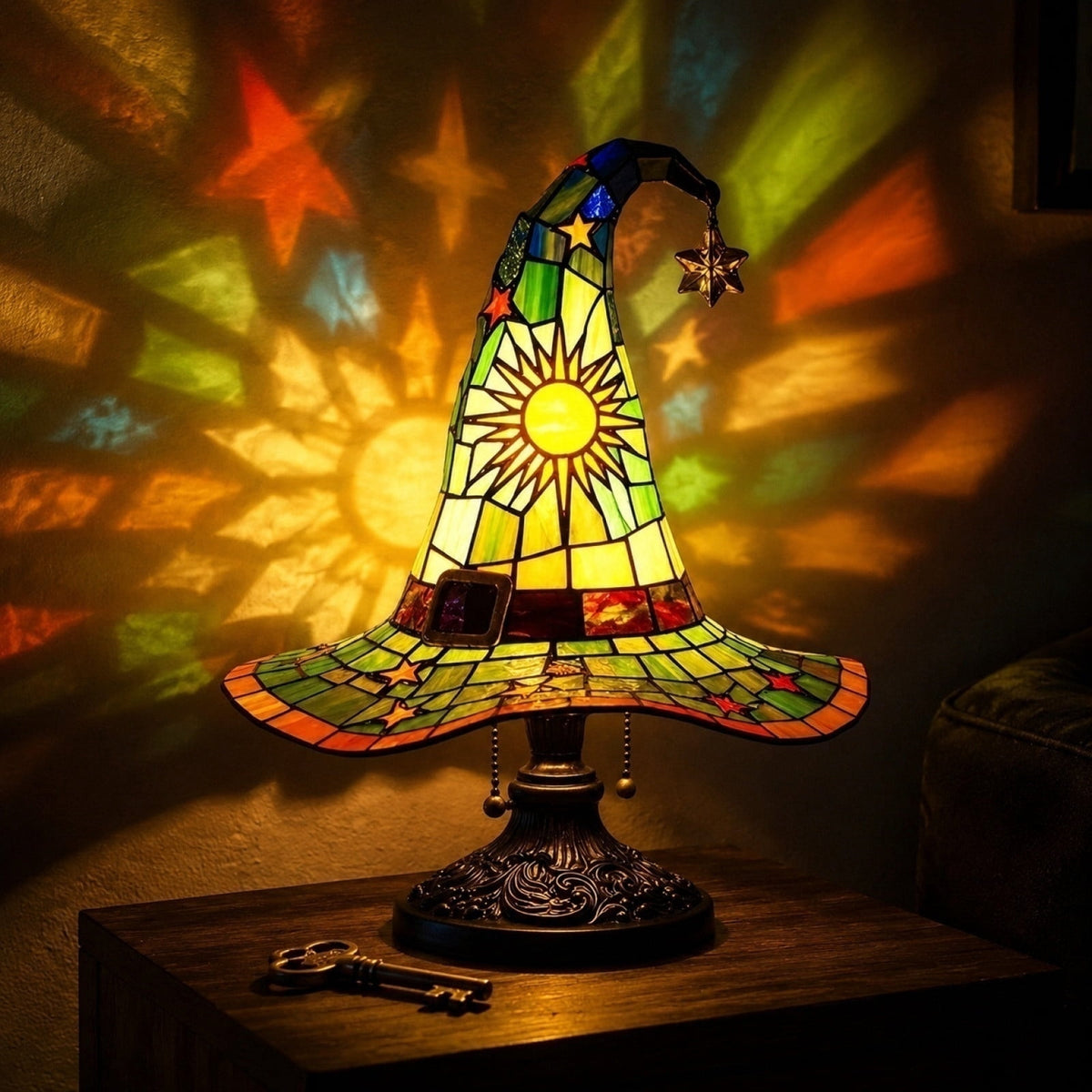 Stained Glass Witch hat lamp, 7" Halloween Gothic Mystic Room Decor Handcrafted Ceramic Phantom Figurine, USB Rechargeable LED Glowing Lantern for Bedroom Living Room Mantel Home Decor