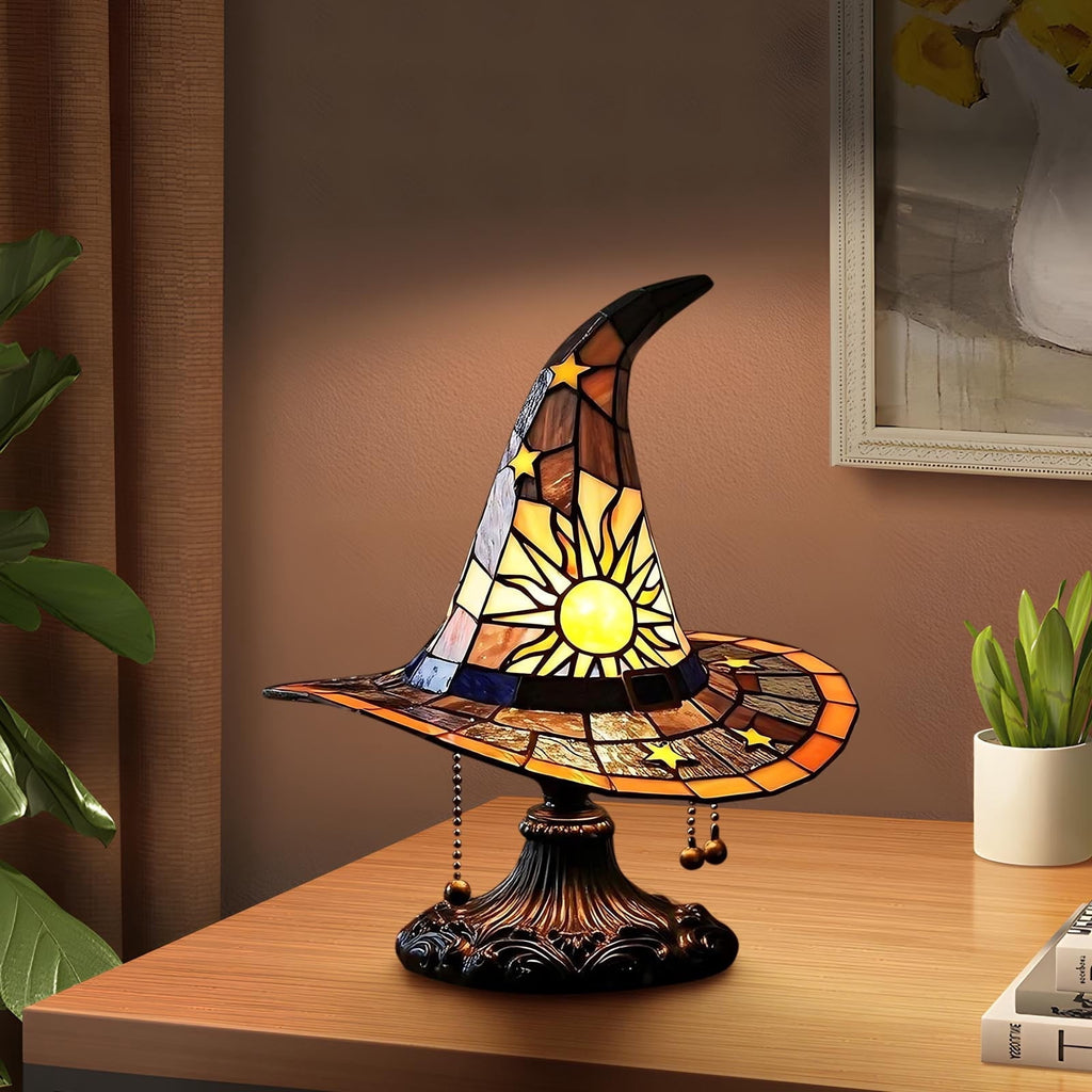 Stained Glass Witch hat lamp, 7" Halloween Gothic Mystic Room Decor Handcrafted Ceramic Phantom Figurine, USB Rechargeable LED Glowing Lantern for Bedroom Living Room Mantel Home Decor