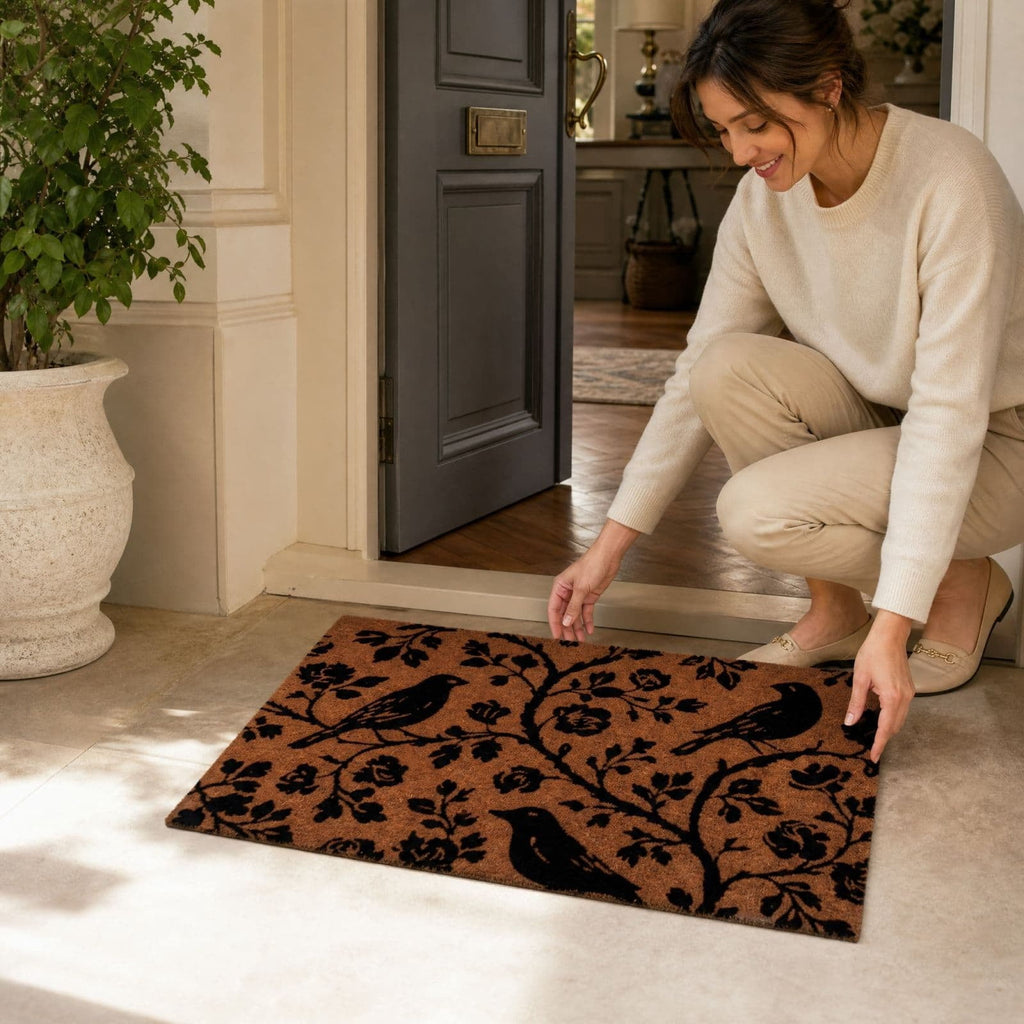 Clearance Natural/Black Floral Bird Outdoor Coir Doormat, 30" x 18"