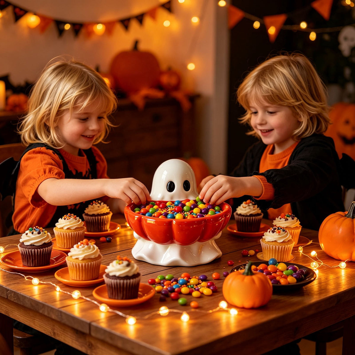 Halloween Decoration Ghost Figurine 11in Resin Ghost Statues with Pumpkin Candy Bowl for Outdoor Indoor Front Door, Porch Yard Lawn Party Decor