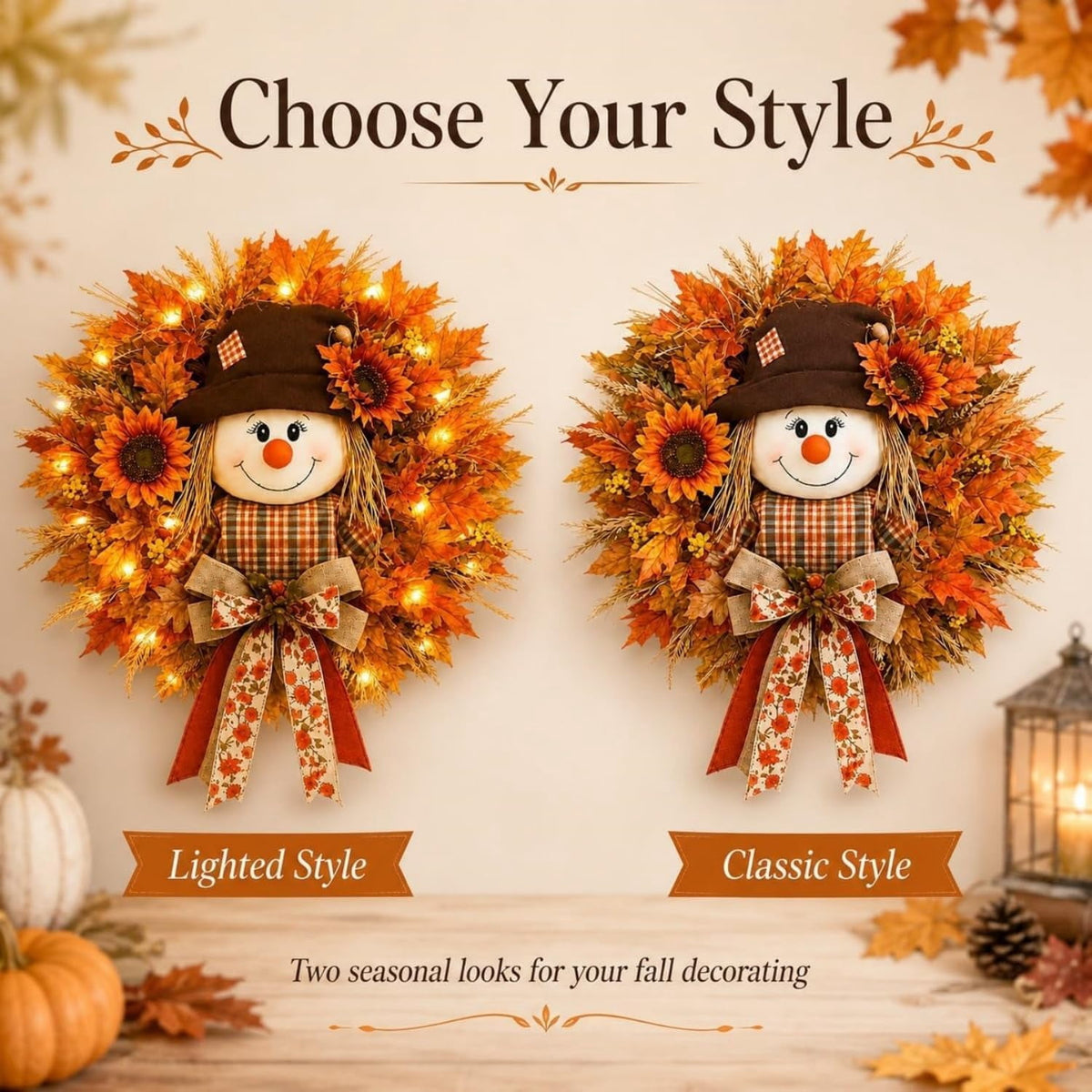 Lighted Scarecrow Halloween Fall Wreath for Front Door, Autumn Harvest Decor, Sunflower Maple Wreath, Warm LED and Farmhouse Burlap Bow & Leaf