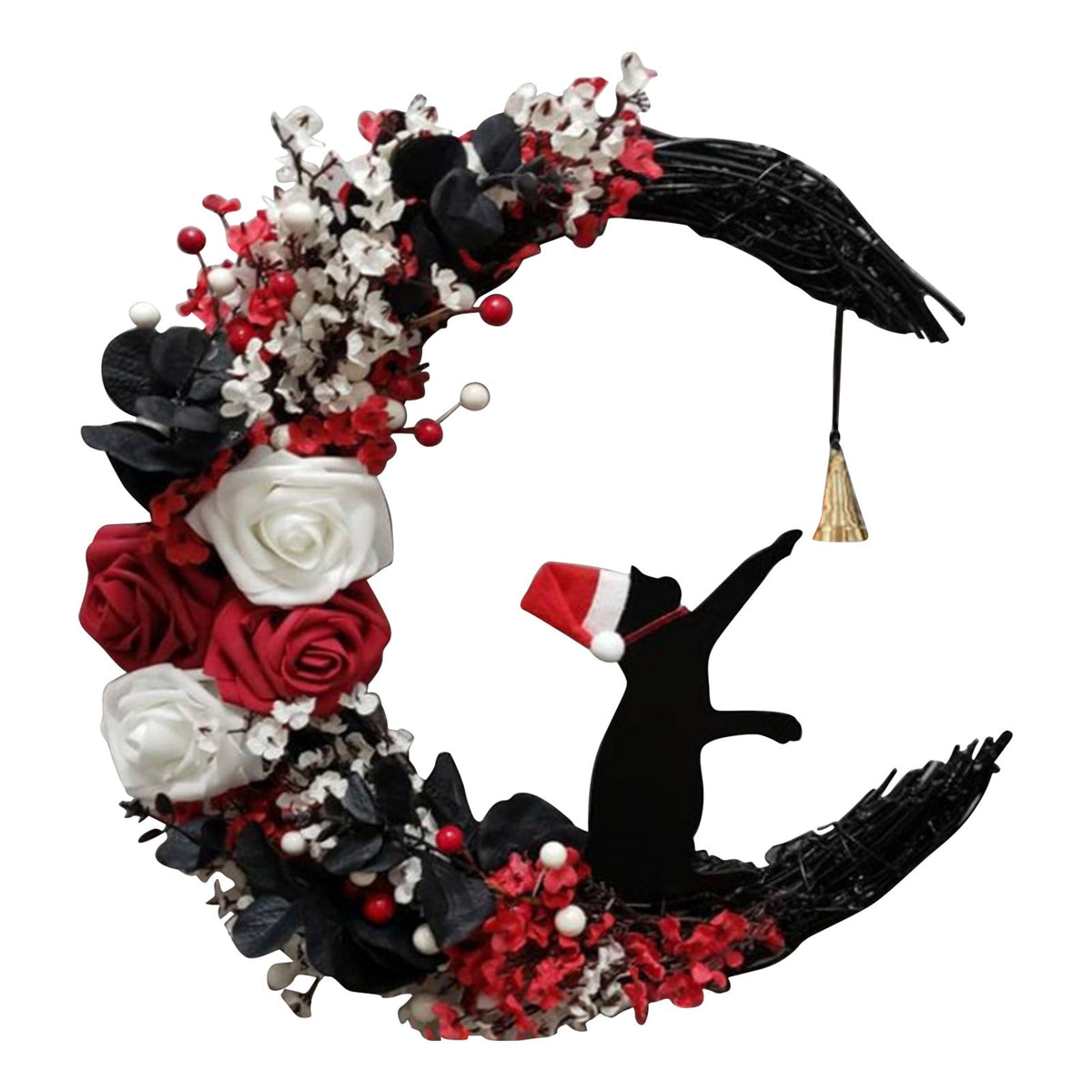 Uanit Creative Moon Cat Garland Farmhouse Wreaths for Front Door Wall Ornament Wreath with Flowers Rose Decorations Indoor Outdoor Window