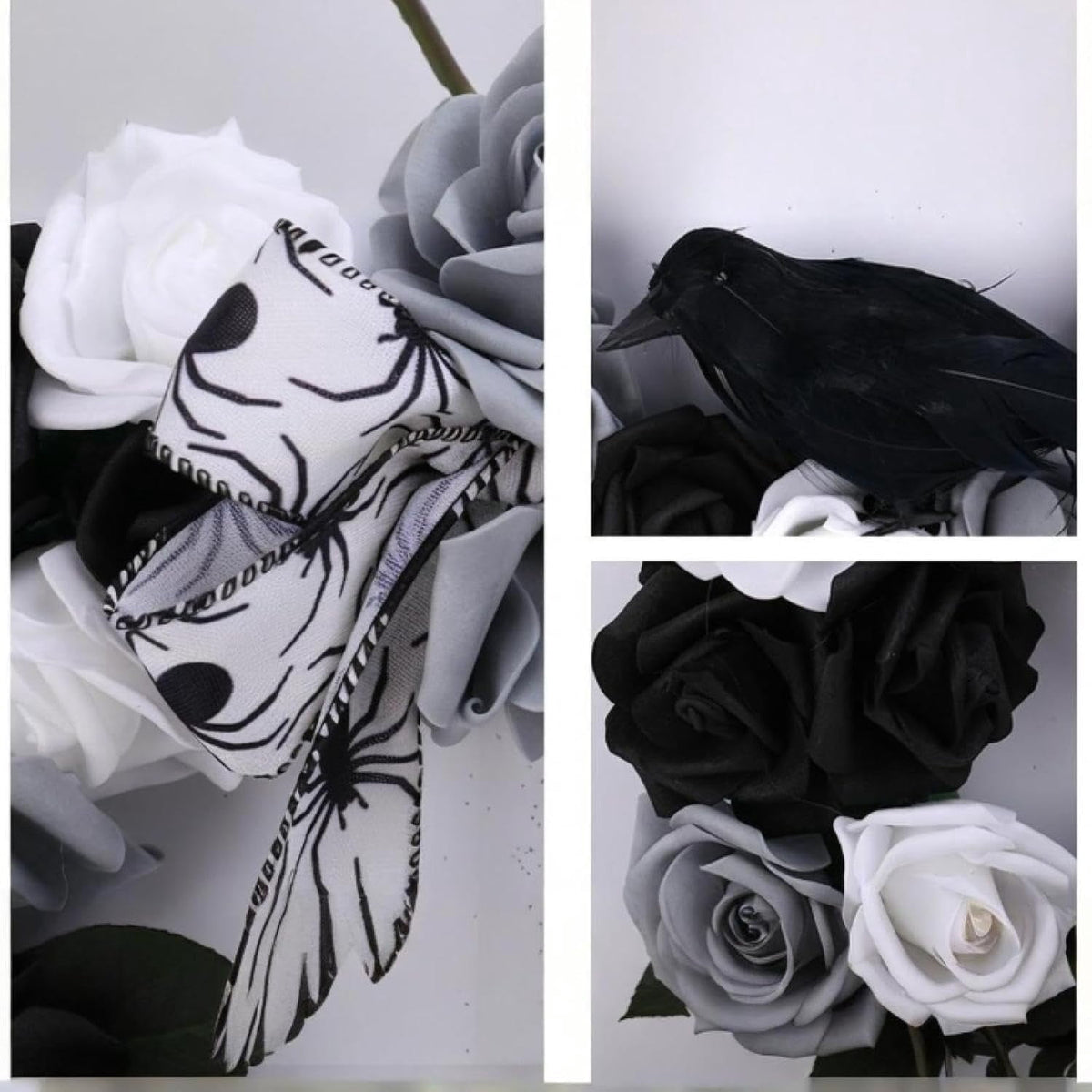 Halloween Decorative Wreath with Crow Roses Lights,13.7" Black White Flowers Gothic Garland for Wedding,Creepy Decor Pendant,Wreath for Front Door Porch Window, Indoor Outdoor Home Halloween Decor